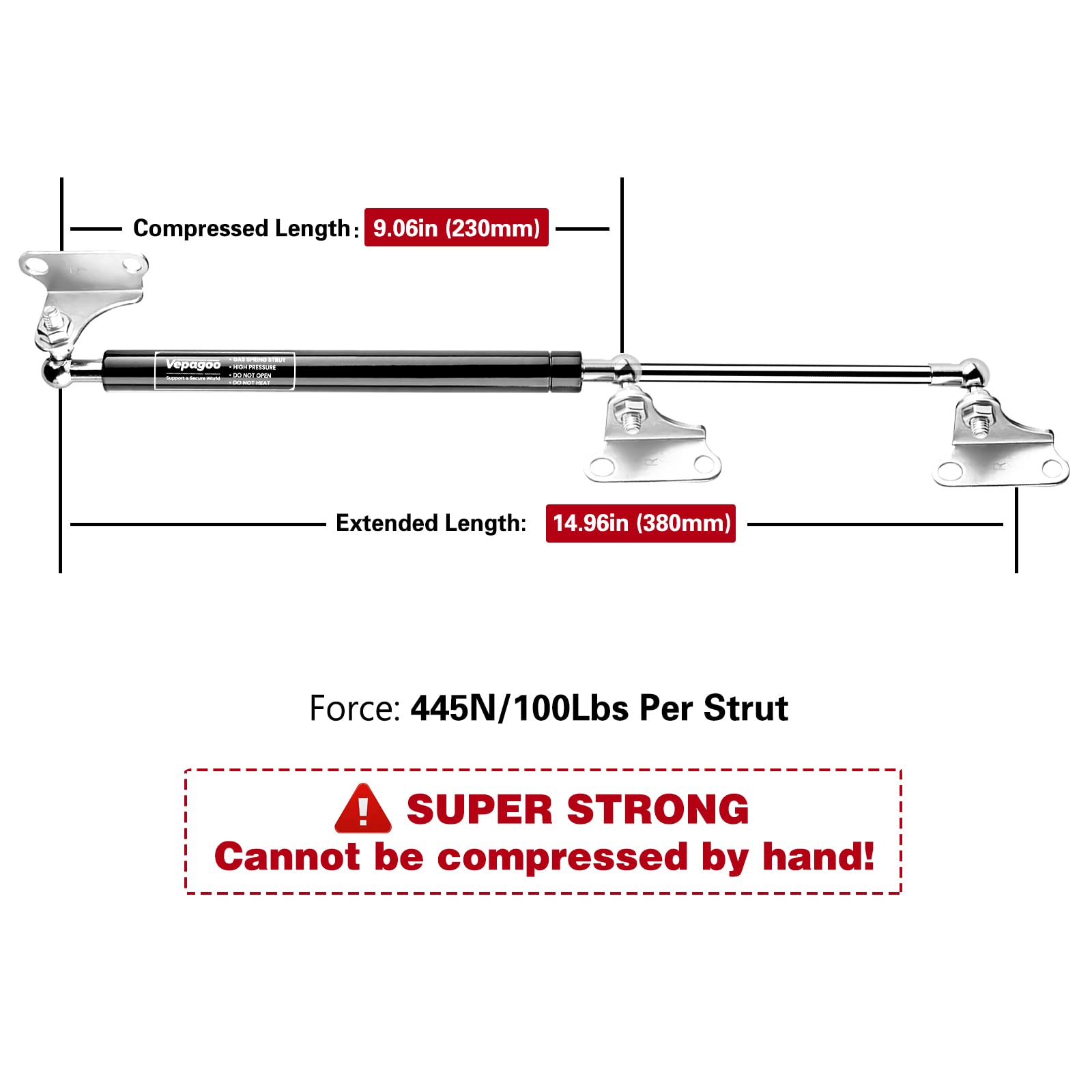 15 Inch 100Lb/445N Per Gas Shock Strut Spring For Tool Box Outdoor Cabinets Boat Bed Cover Door Lids And Other Custom Heavy Duty Project, A Set Of 2 With L Mounts Vepagoo