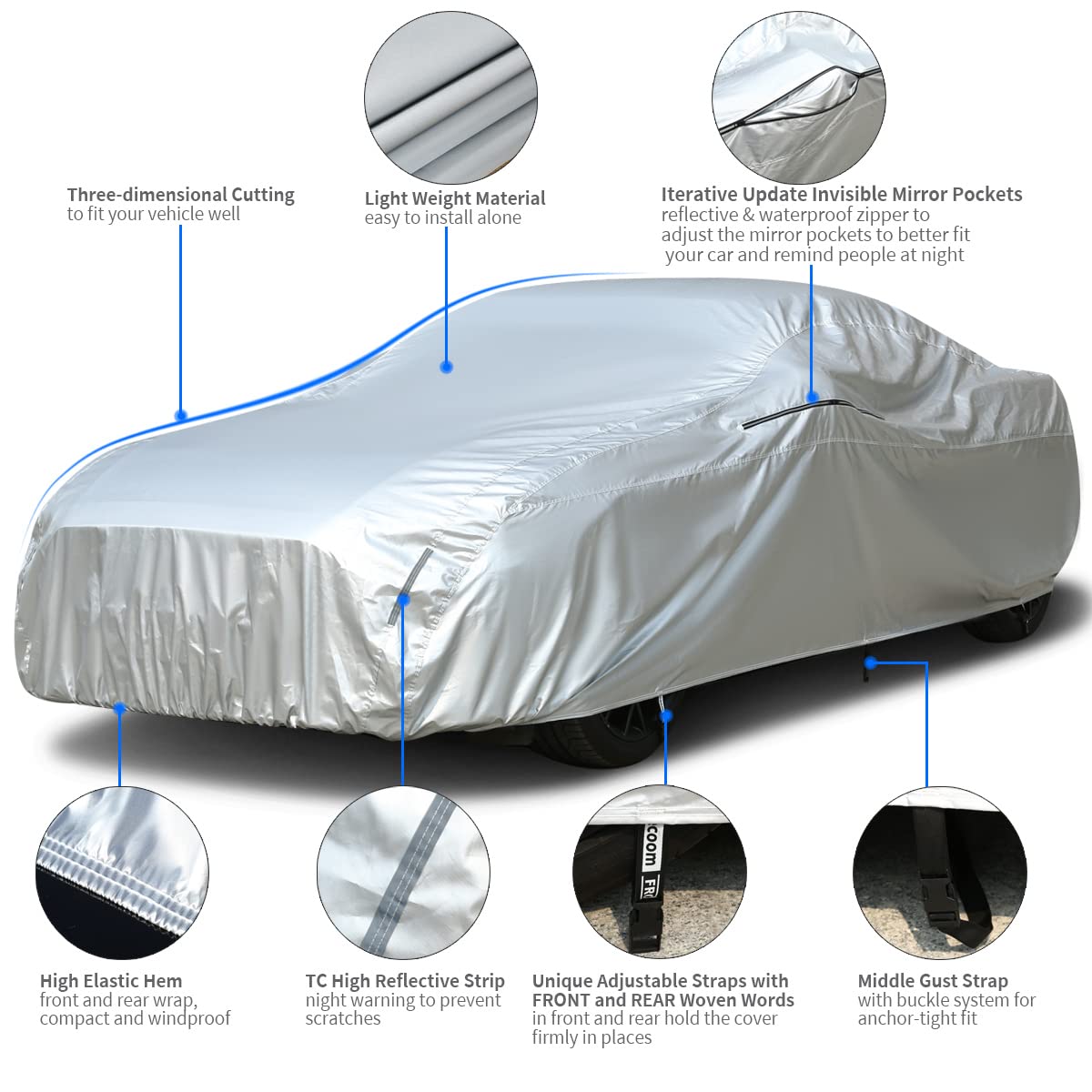 Tecoom Car Cover Waterproof All Weather 190T Polyester Silver Fit 173-182" Coupe/Sport Car Windproof UV Rain Hail Protector