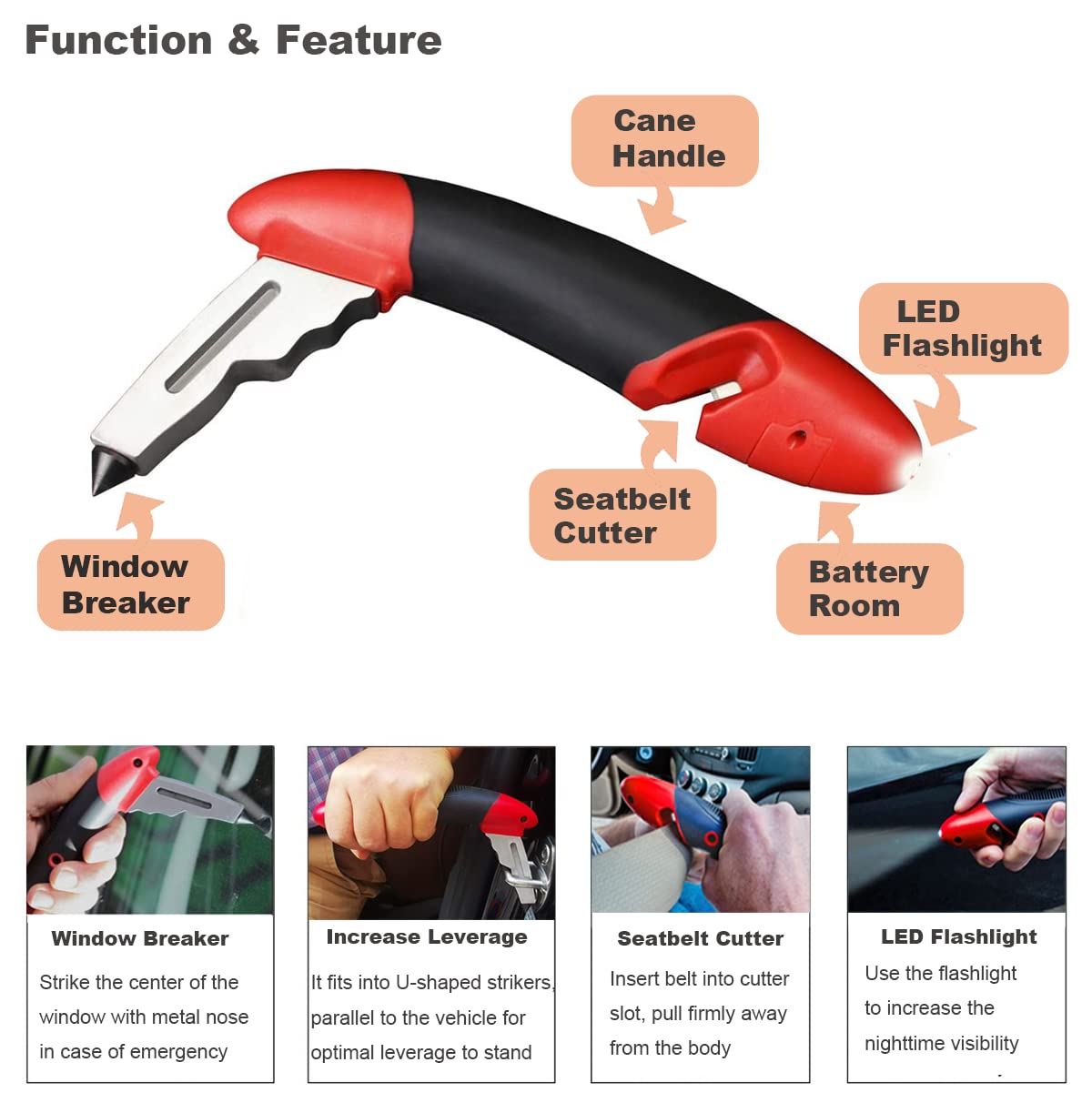 Kakkoii Car Handle Assist Holder, 5 In 1 Vehicle Support Handles, Seatbelt Cutter, Window Breaker, Car Emergency Tool With Led Flashlight For Elderly, Disabled