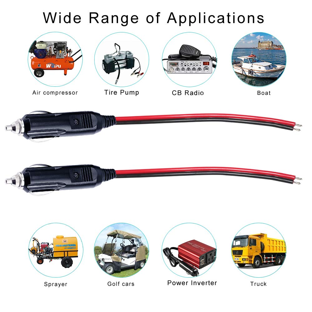 Sparking 12V Replacement Cigarette Lighter Male Plug With Lead - 24V Car Power Adapter Auto Accessories With Led Lights, 15A Fus