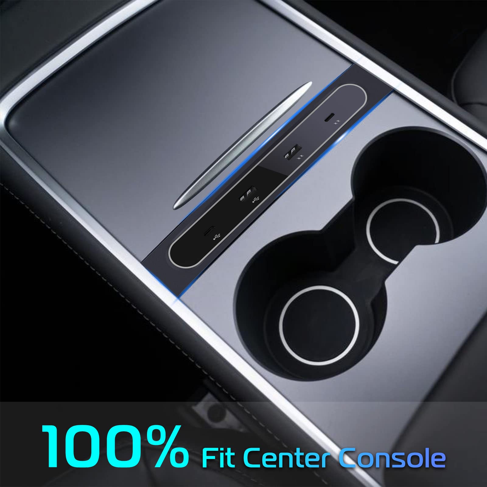 Vijim Car Usb Charger Multi Port For 2021 2022 2023 2024 Tesla Model 3/Y | Tesla Usb Hub With Blue Led Light | Tesla Model 3/Y Accessories 100% Fit Center Console Adapter | Tesla Phone Charger