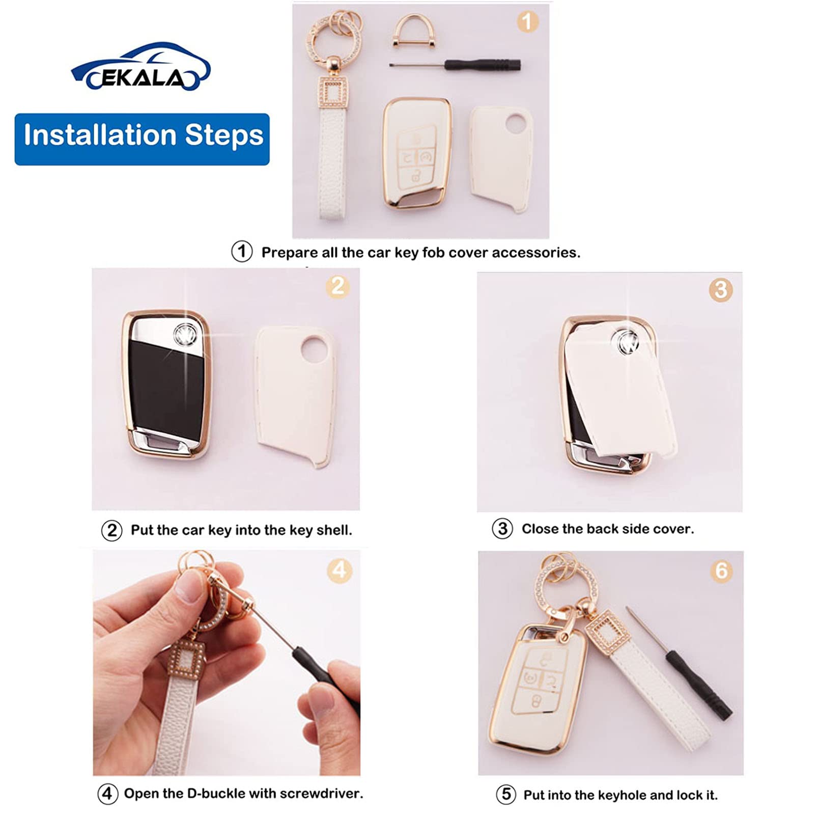 EKALA for Volkswagen Key Fob Cover with Leather Key Fob Keychain, 4 Buttons Soft TPU Keys Shells Girly White Key Fob Cover Compa