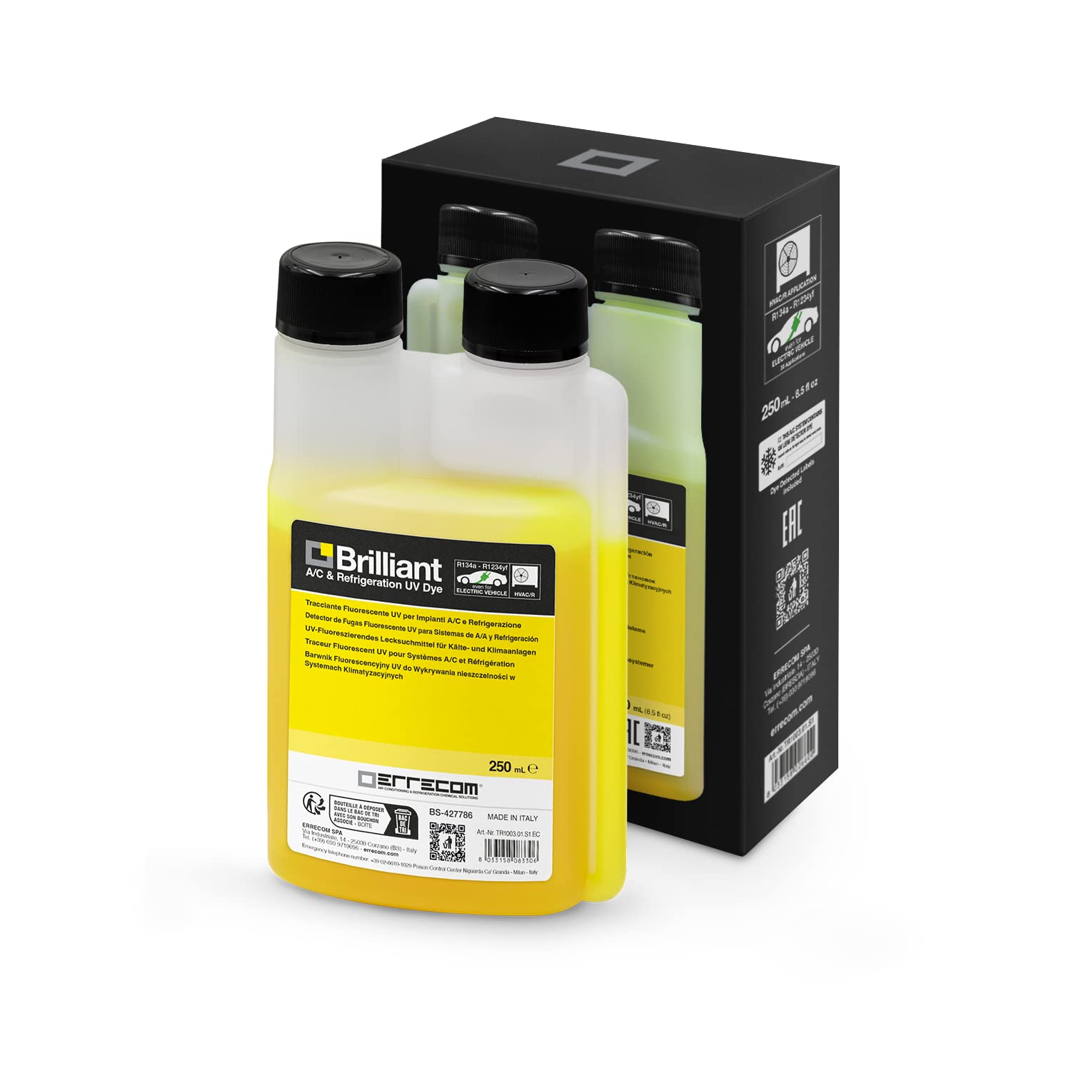 Errecom Brilliant - 8.5 Fl Oz (250 Ml), Fluorescent Uv Dye For Detecting Refrigerant Gas Leaks In Air Conditioning And Refrigera