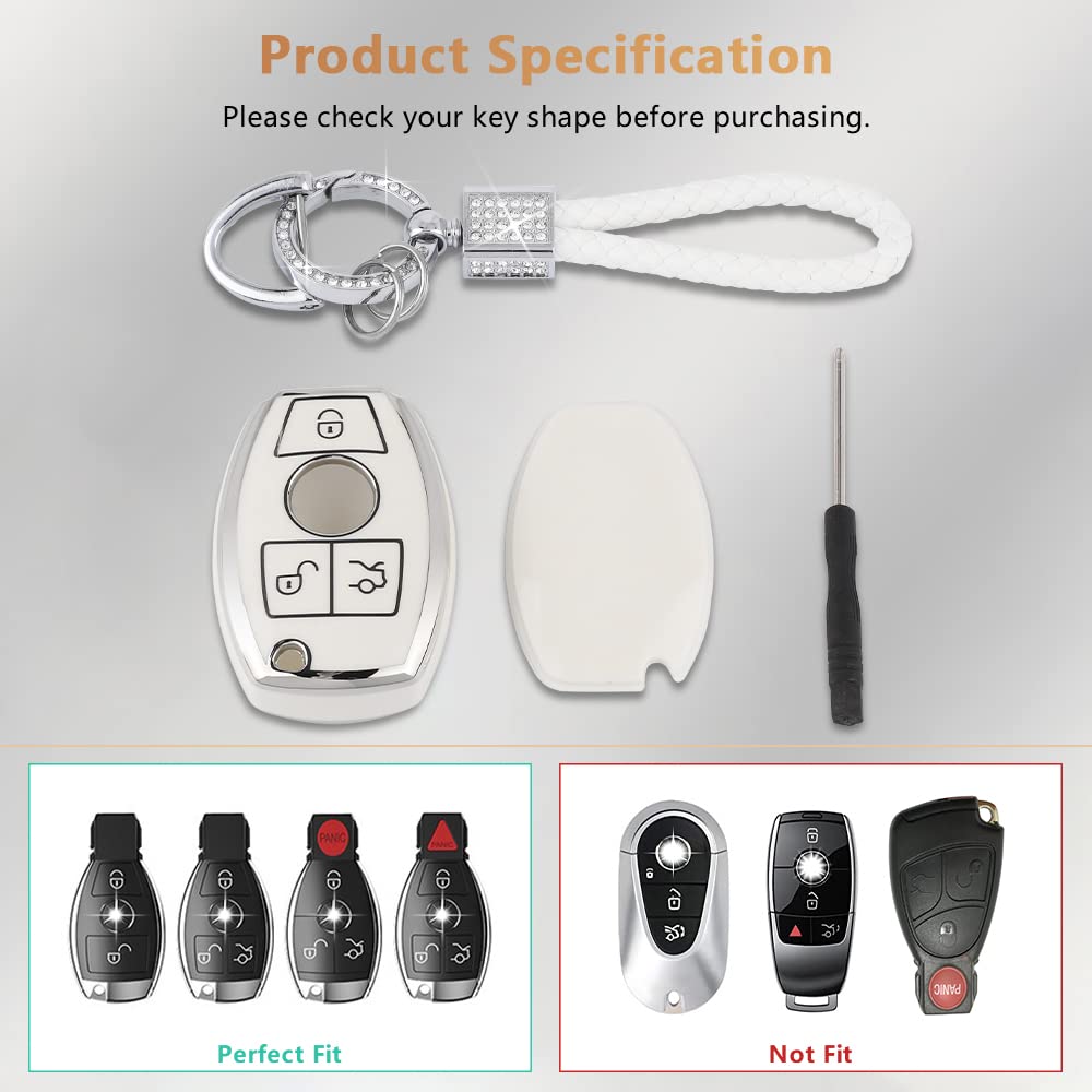 Pifoog For Mercedes Key Fob Cover 3 Buttons Soft Tpu Keys Protector Bling Keychain For Mercedes Benz C E M S Cls Cla Glk Gla Glc Gle Amg Class Girly Cute White Silver