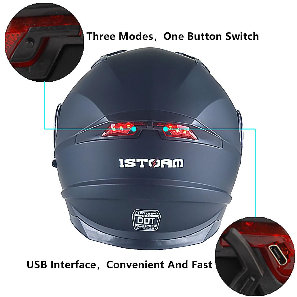 1Storm New Motorcycle Bike Modular Full Face Helmet Dual Visor With Rechargeable Led Tail Light: Modular901 Carbon Fiber Black