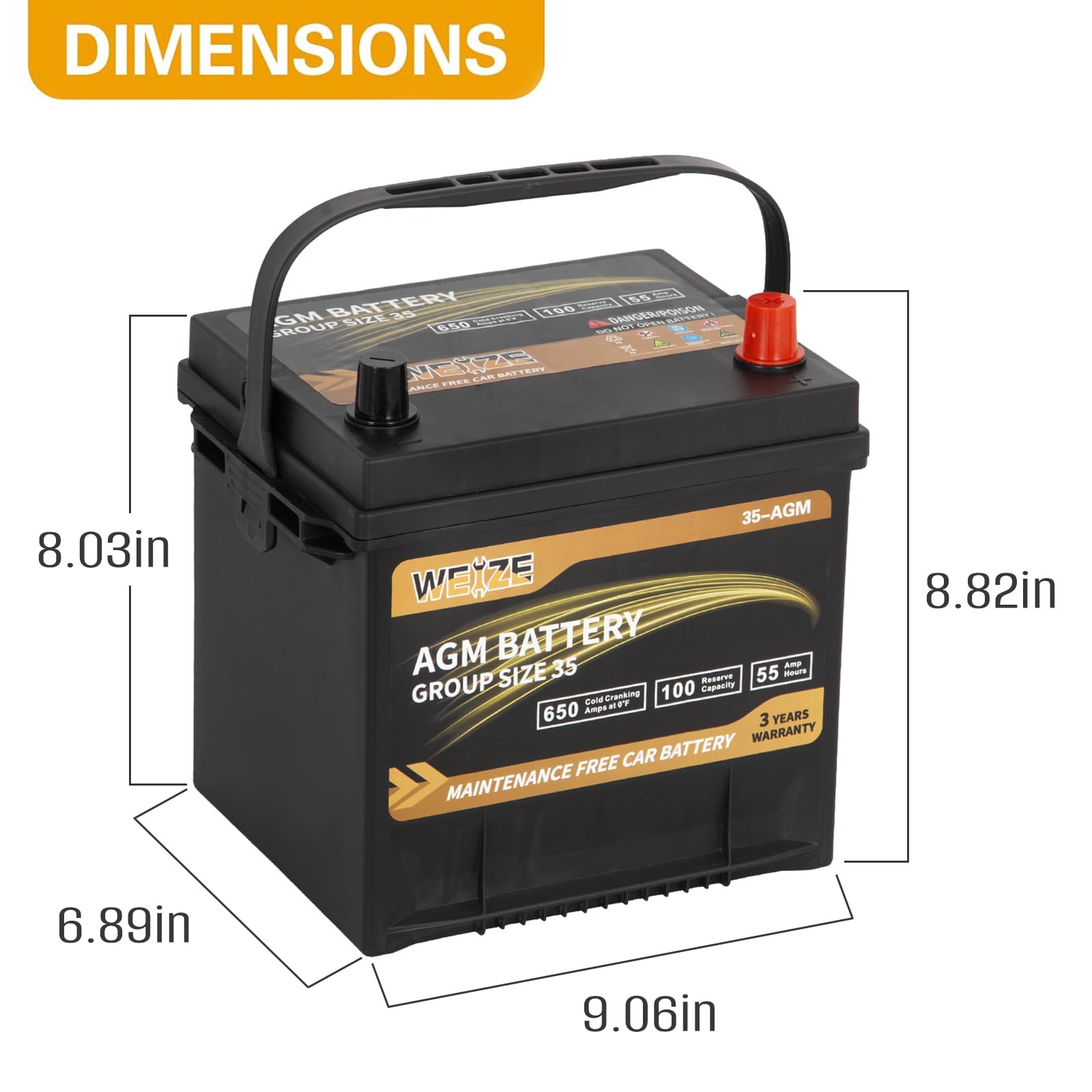Weize Platinum Agm Battery Bci Group 35 Automotive Battery, 100Rc, 650Cca, 36 Months Warranty
