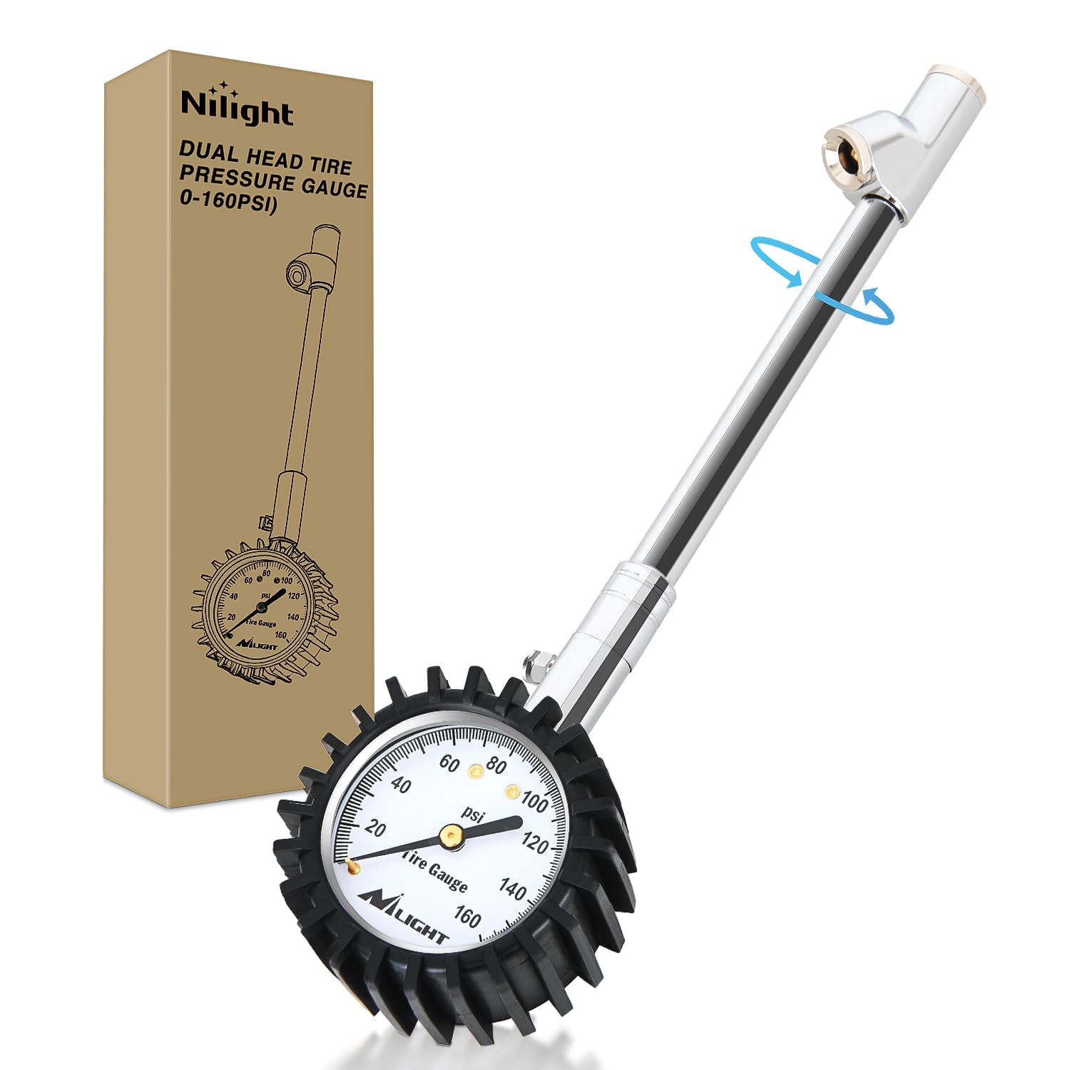 Nilight Tire Pressure Gauge 160PSI Heavy Duty Stainless Steel Dual Head Air Pressure Chucks ANSI B40.1 Certified Large 2 Dial Wh