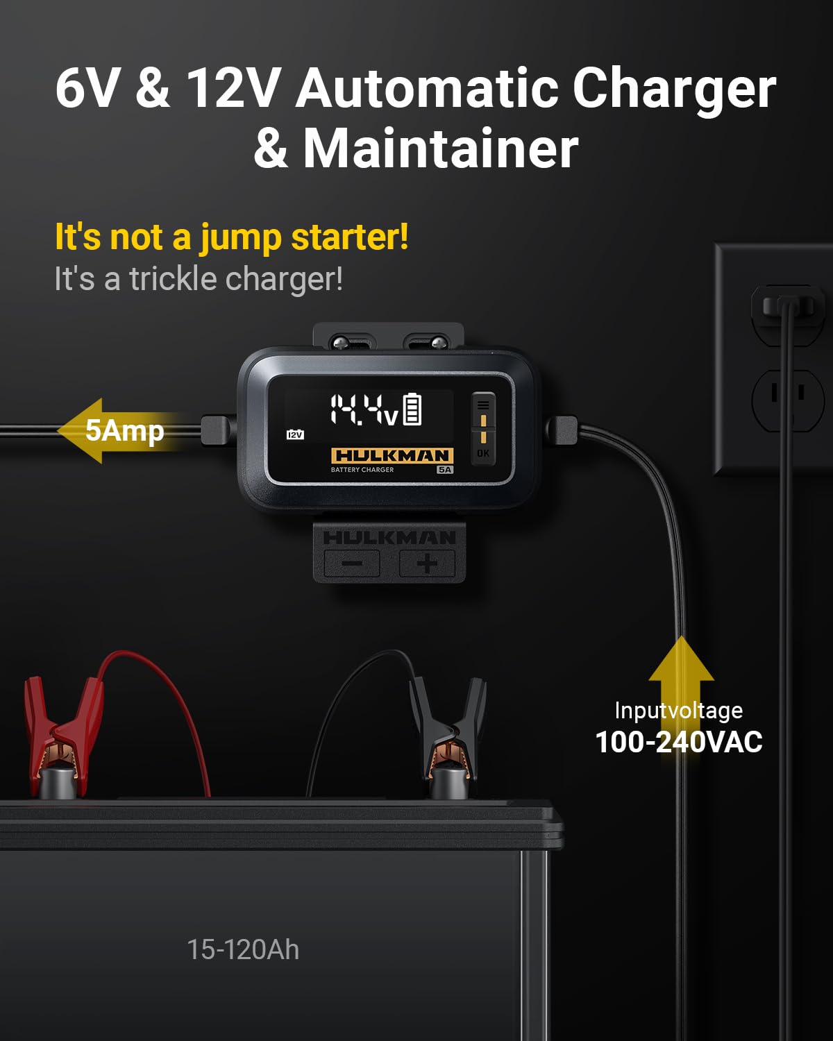 Hulkman Sigma 5 Battery Trickle Charger, 5A 6V/12V Automatic Smart Car Battery Charger, Battery Maintainer, And Desulfator With Intelligent Interface For Car, Motorcycle, Atv, Lithium And Deep Cycle