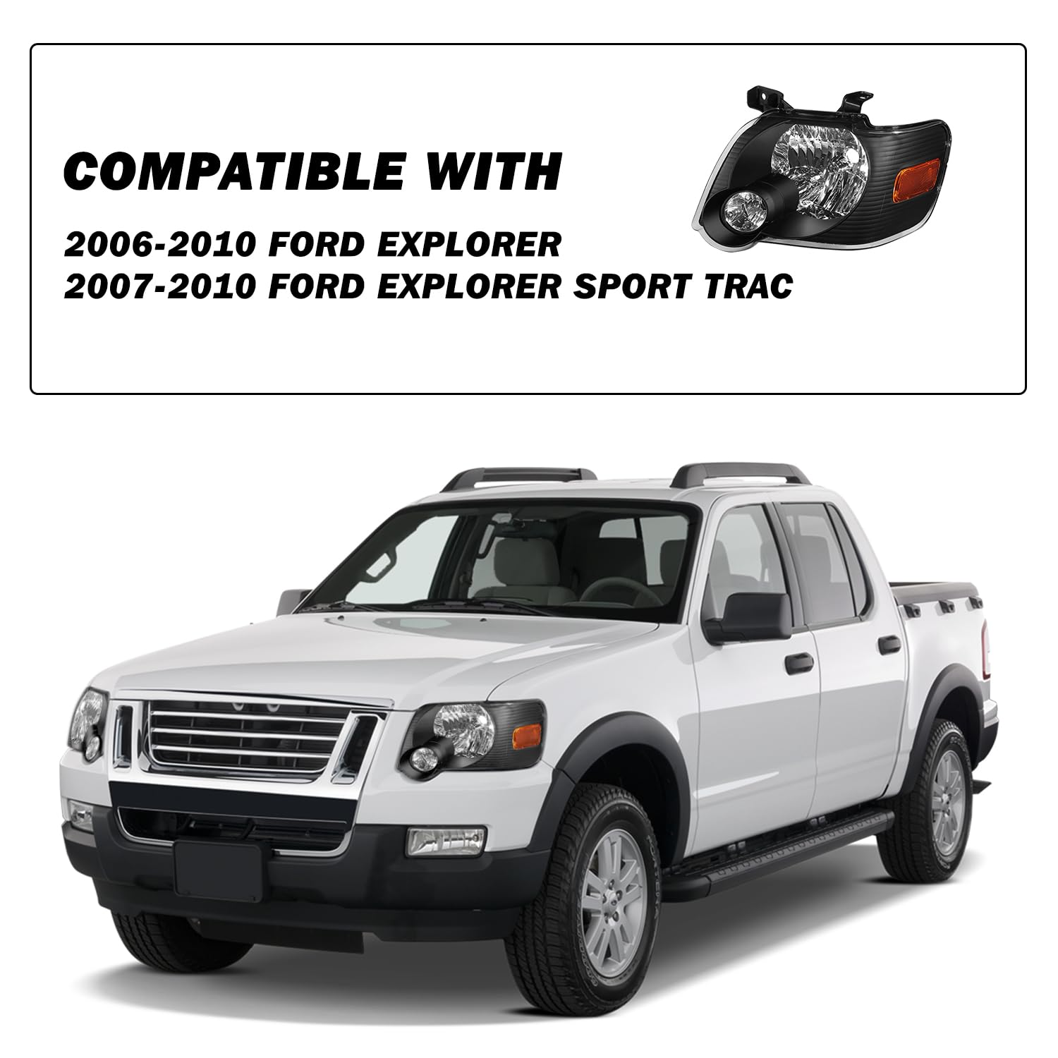 Sockir Headlight Assembly Replacement For 2006 To 2010 Ford Explorer Front Headlamp Pair Driver Passenger Side (Black Housing With Amber Reflector)