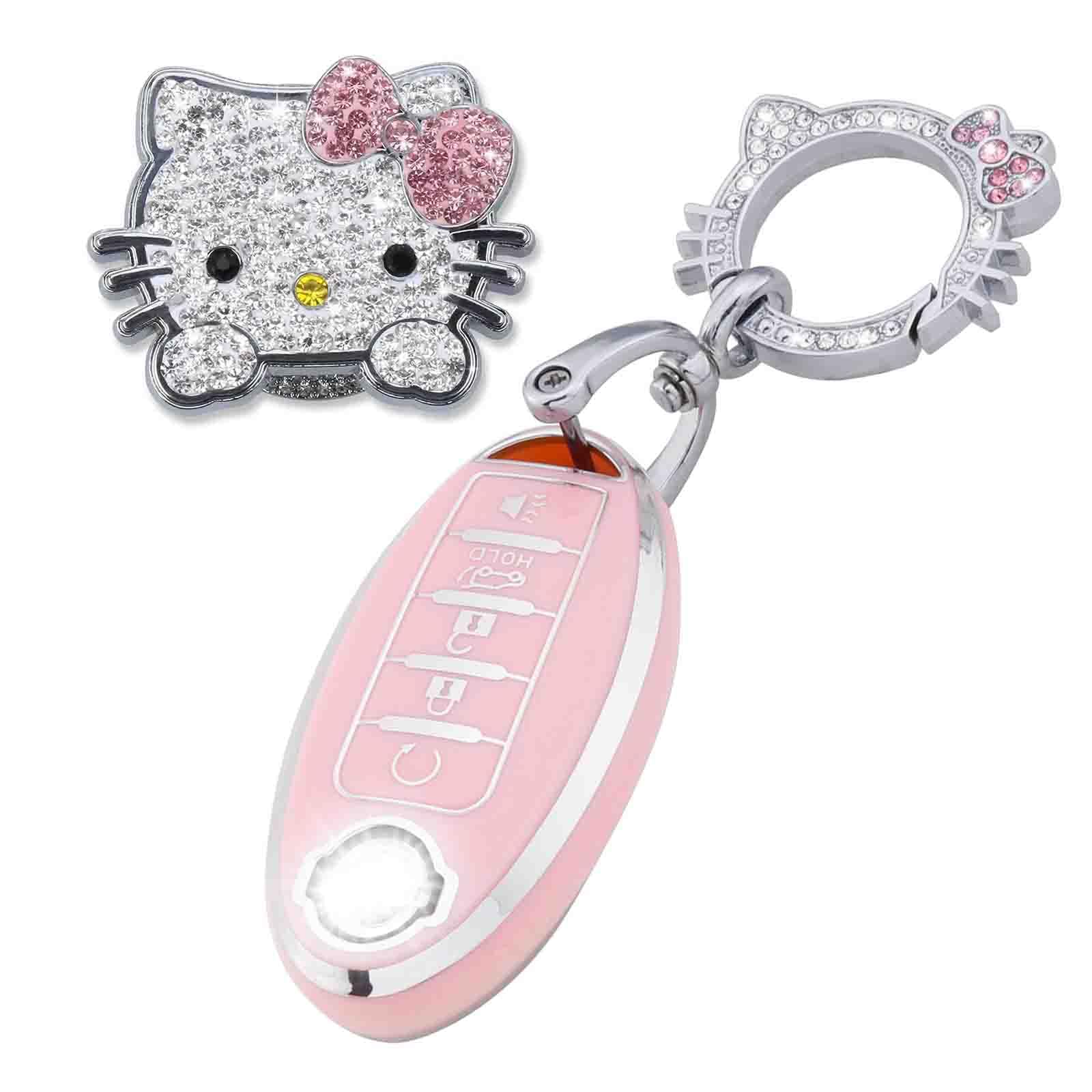 Pangpai Pink Car Accessories 3 Pcs for 5 Buttons Nissan Key Fob Cover with Bling Keychain Cute Push to Start Button Cover