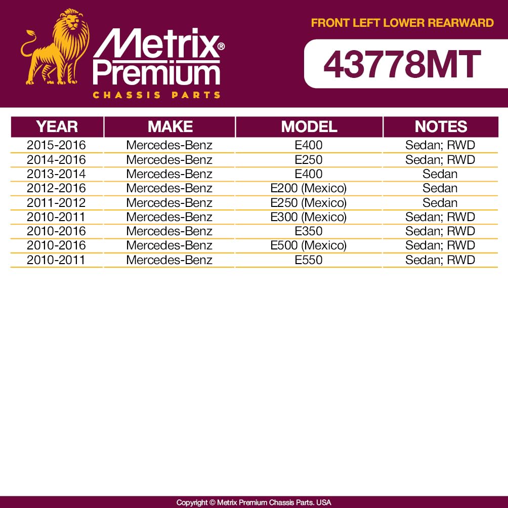Metrix Premium Chassis Parts - Front Left Lower Rearward Control Arm Fits 15-16 Mercedes-Benz E400 Rwd, 14-16 E250 Rwd, 13-14 E4