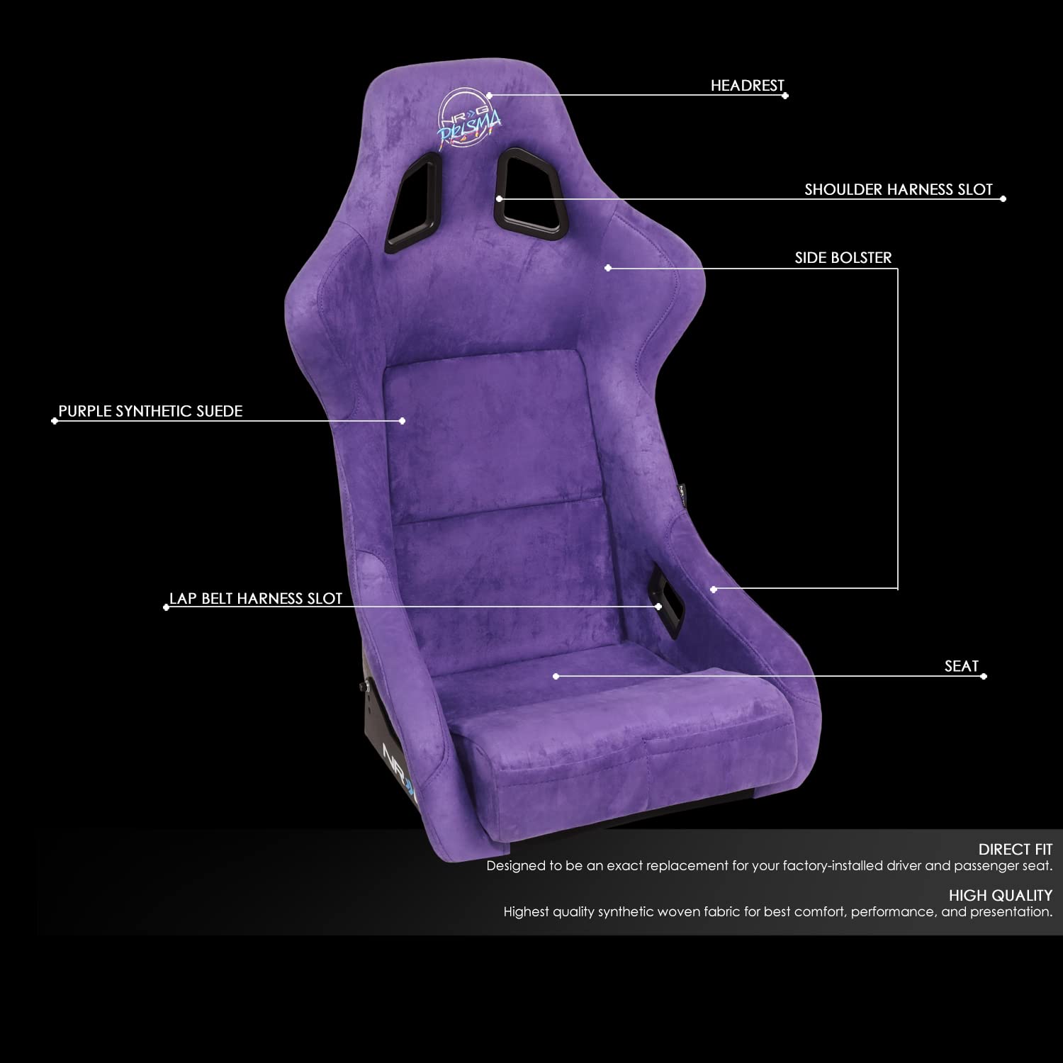 Nrg Innovations Nrg-Frp-302Pp-Prisma Universal Fixed Back Bucket Racing Seat For 6-Point Harnesses, Size L, Purple/Black/Gold Fl
