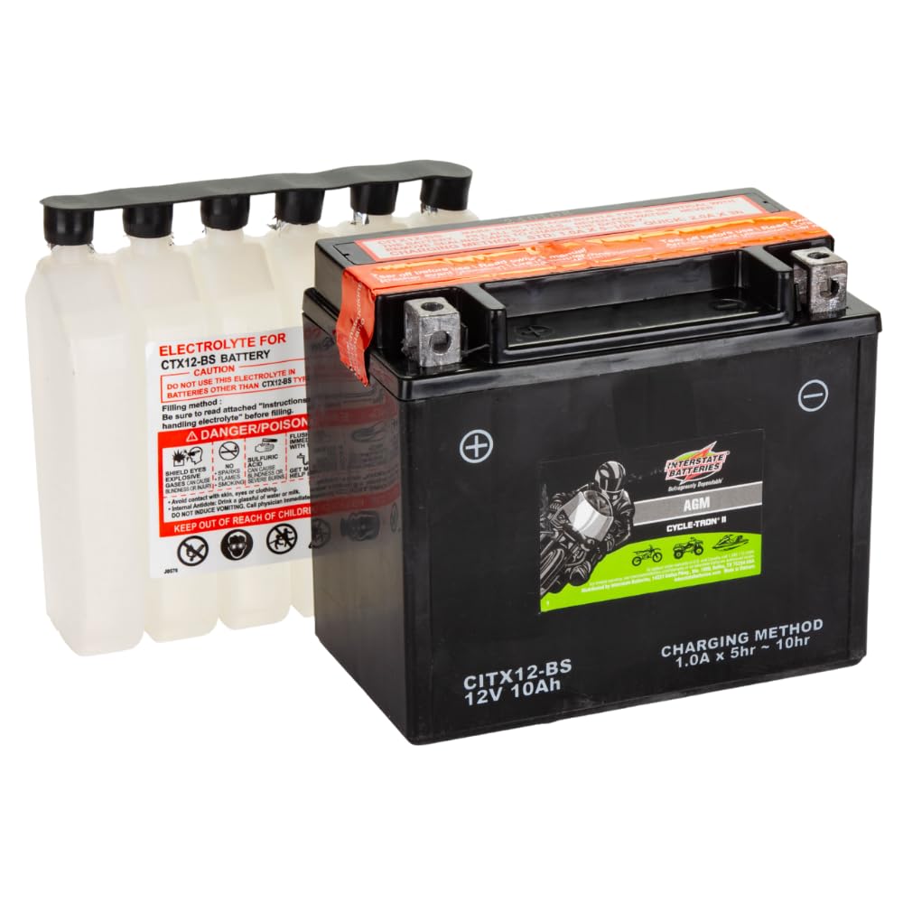 Interstate Batteries Ytx12-Bs 12V 10Ah Powersports Battery 175Cca Agm Rechargeable Replacement For Honda, Kawasaki, Suzuki Motor