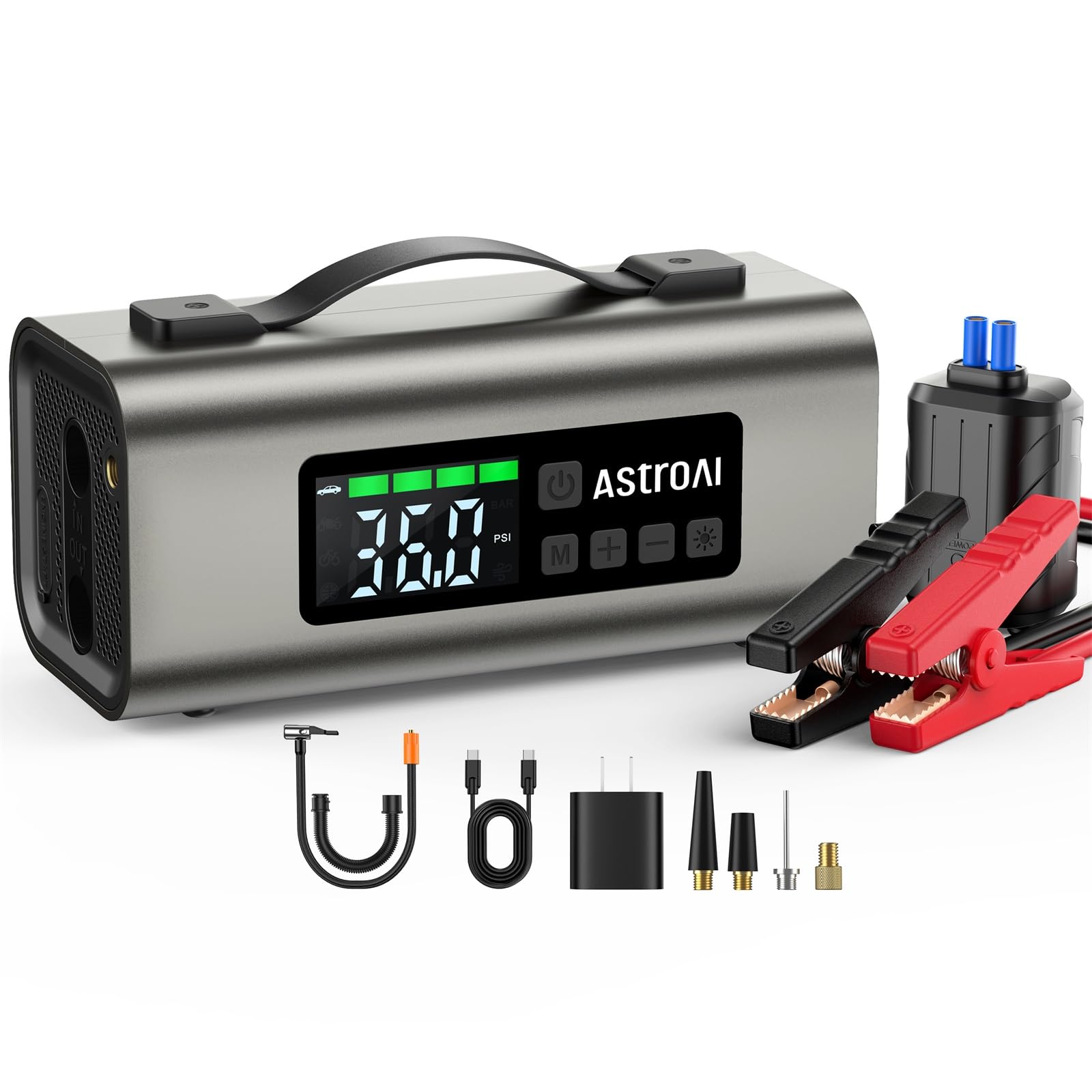 Astroai Jump Starter With Air Compressor And Air Pump, 2500A Battery Jump Starter With 150Psi Tire Inflator, Up To 7.5L Gas & 5.