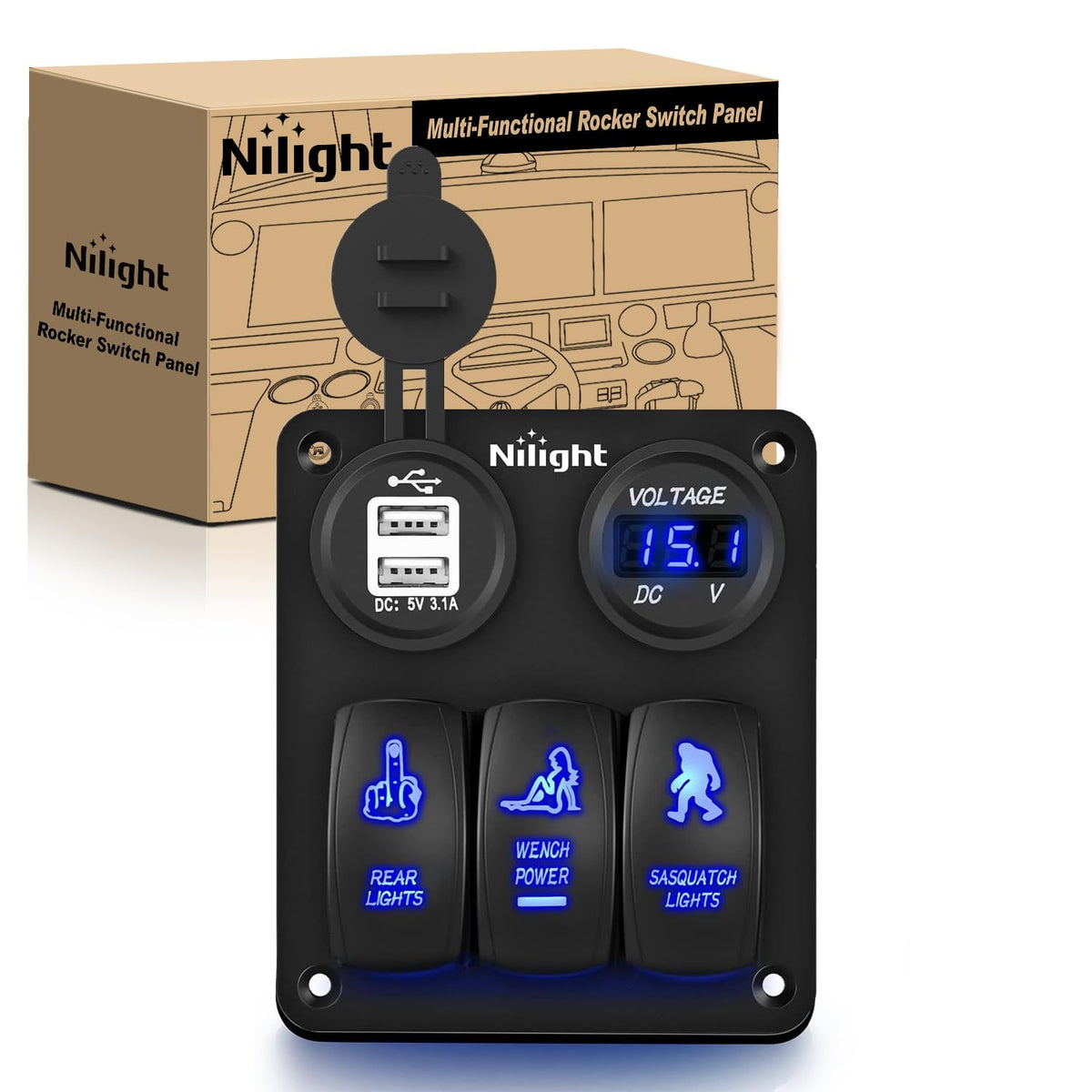 Nilight 3 Gang Rocker Switch Panel USB Charger LED Voltmeter Sasquatch Lights Wench Power Rear Lights Switch On Off Waterproof T