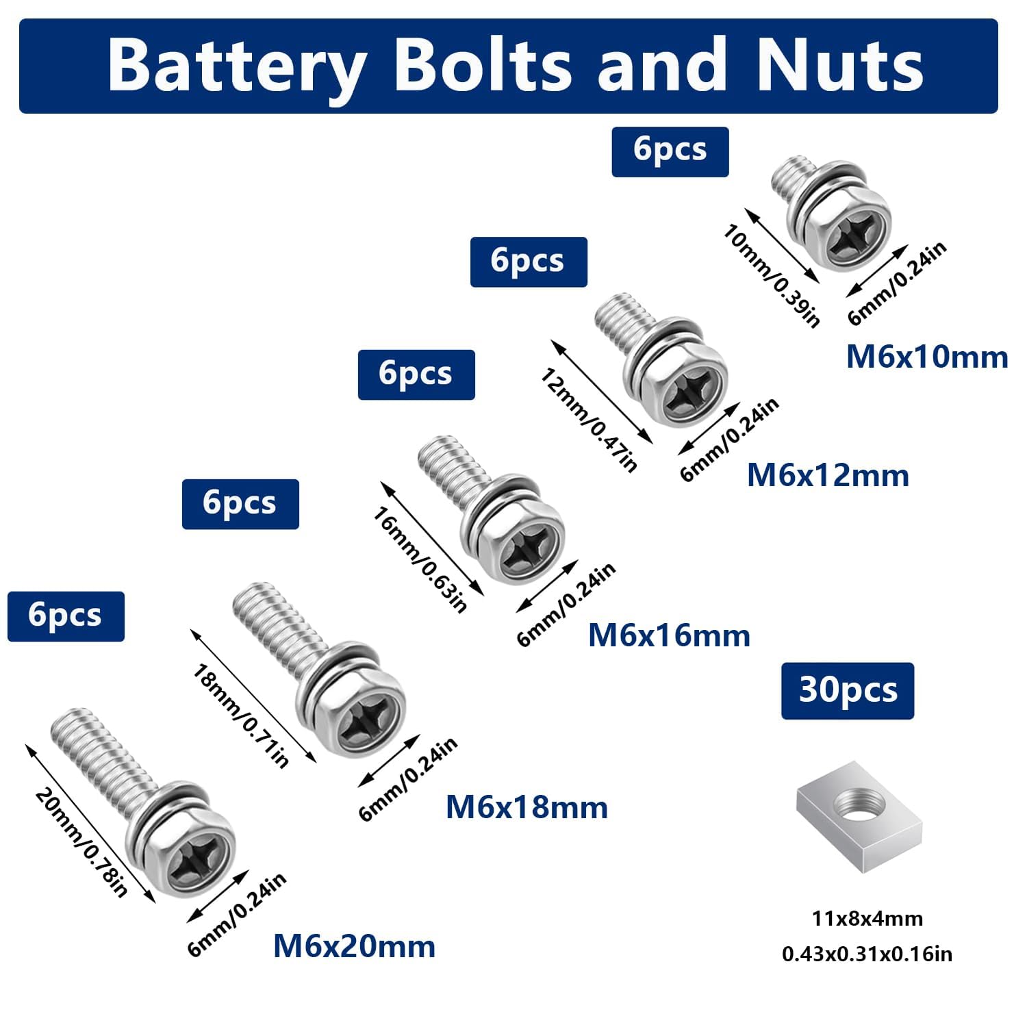 Smseace 60Pack 5-Sizes 304 Stainless Steel Battery Bolts And Nuts M6X10/12/16/18/20Mm Atv Battery Bolt Motorcycle Battery Termin