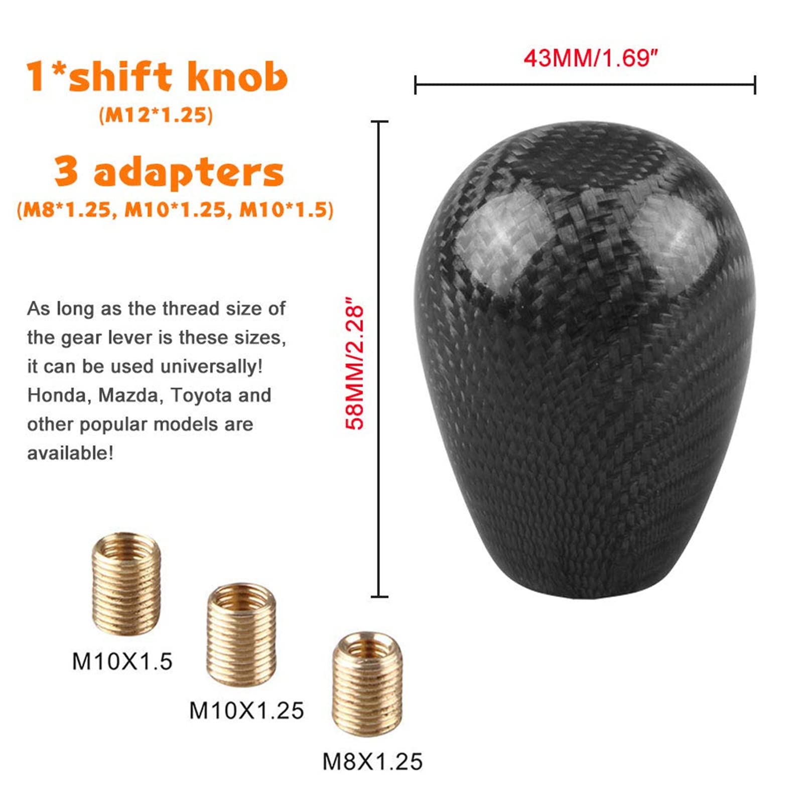 Ryanstar Carbon Fiber Shift Knob With Adapters, Black Oval Ball Stick Shifter Knobs Compatible With Infiniti Lexus Mazda Mitsubishi Nissan Etc(Smooth Surface)