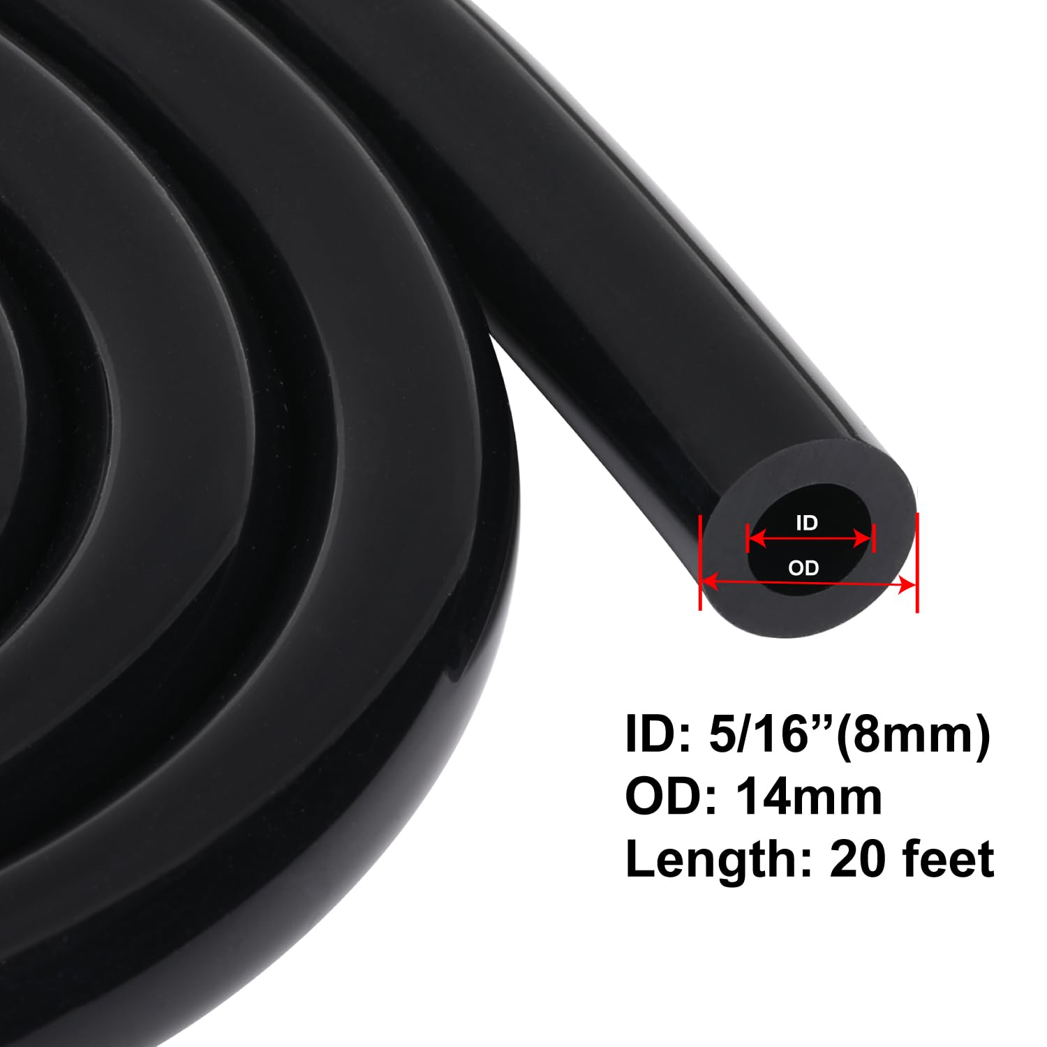 Podavelle 5/16'' 8mm ID Silicone Vacuum Hose Line Tubing 20FT Black 130 PSI Maximum Pressure