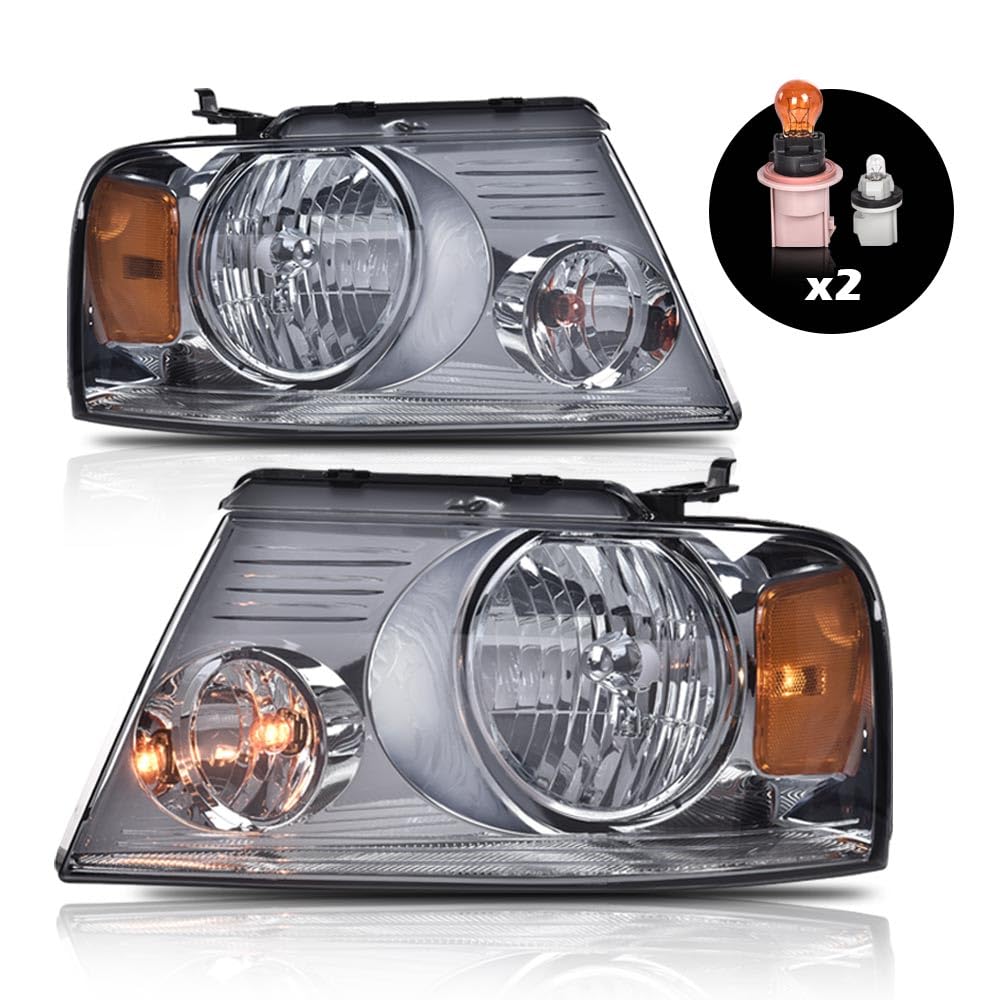 Cheda Headlights Assembly Compatible With 2004-2008 Ford F150/2006-2008 Lincoln Mark Lt Bumper Headlamp, Chrome Housing Halogen(