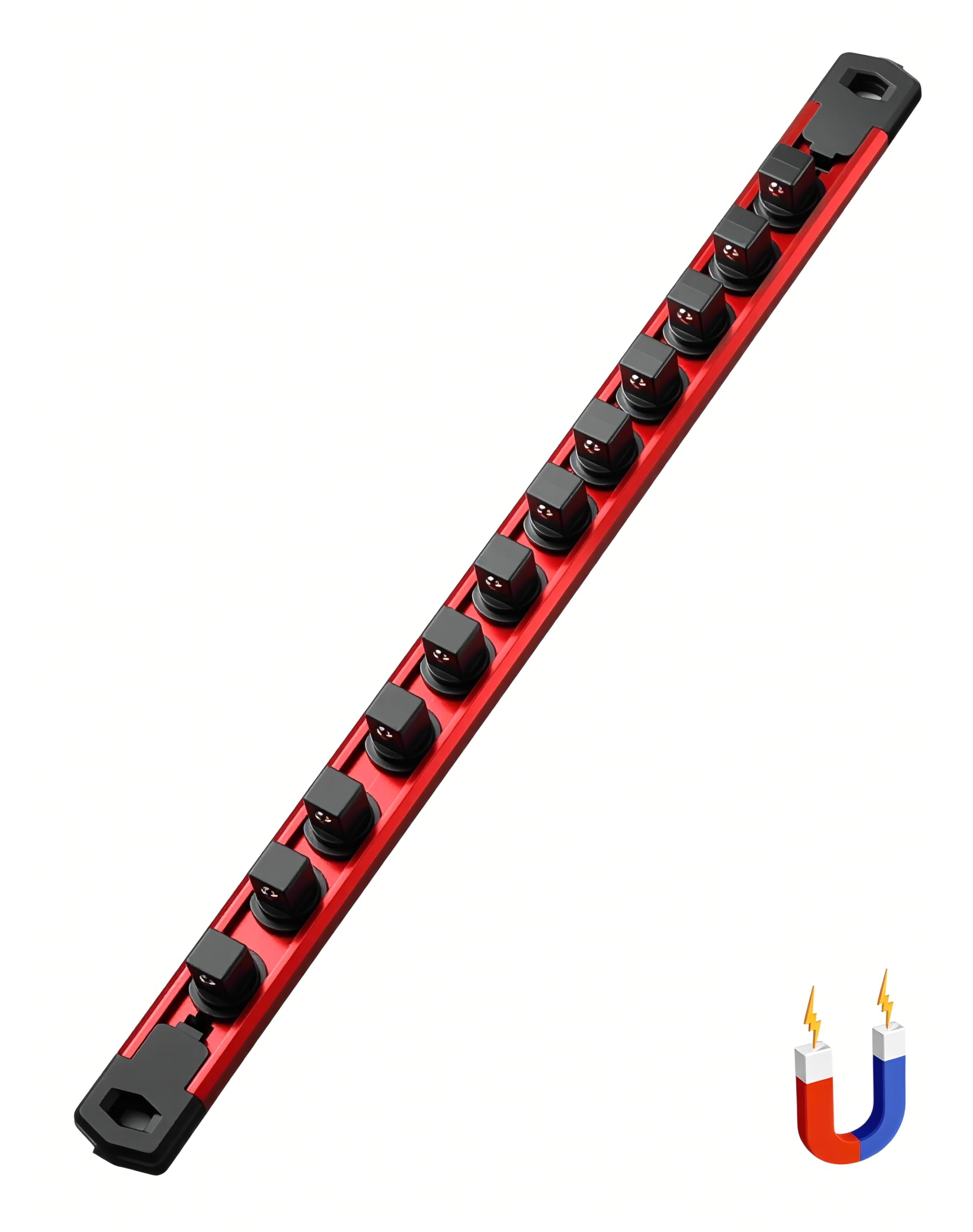 ALOANES 1/2-Inch Drive Magnetic Socket Organizer, Heavy Duty Aluminum Socket Rail Organizer, 360 Swivel Clips Socket Rail Set Fo