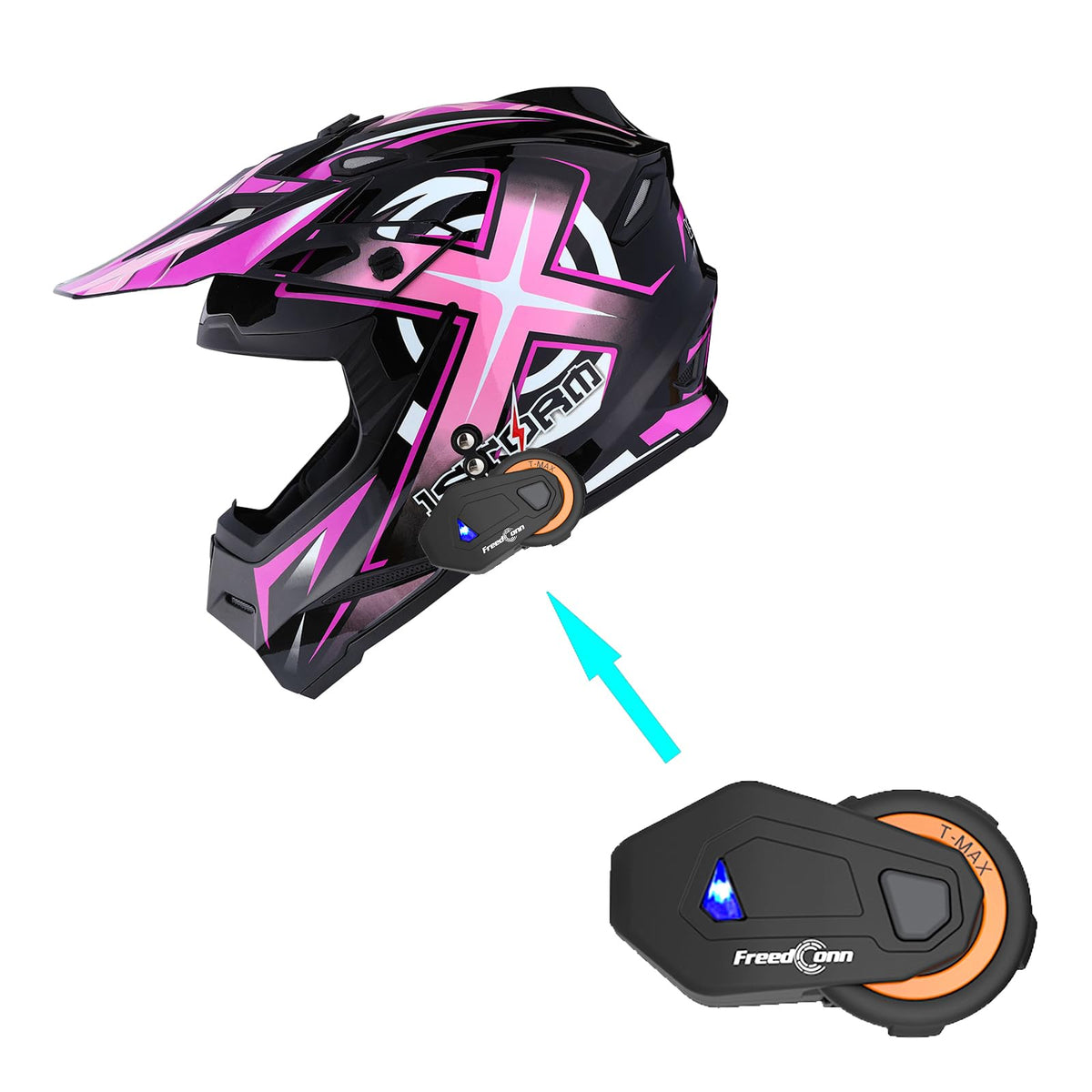 1Storm Adult Motocross Helmet Bmx Mx Atv Dirt Bike Helmet Racing Style Hf801 + Motorcycle Bluetooth Headset: Sonic Pink