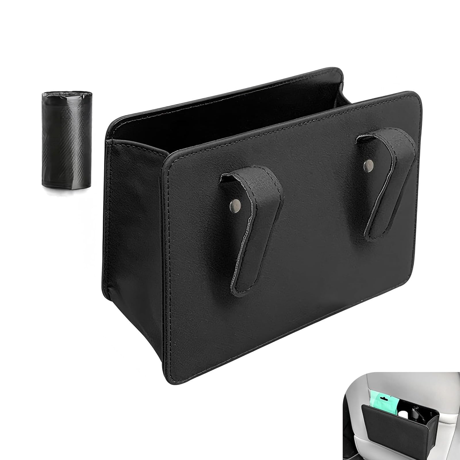 Qurbuns Car Trash Can, Leather Vehicle Trash Bin with 1 Roll Trash Bag, Mini Foldable Seat Back Hanging Storage Bag Container, W