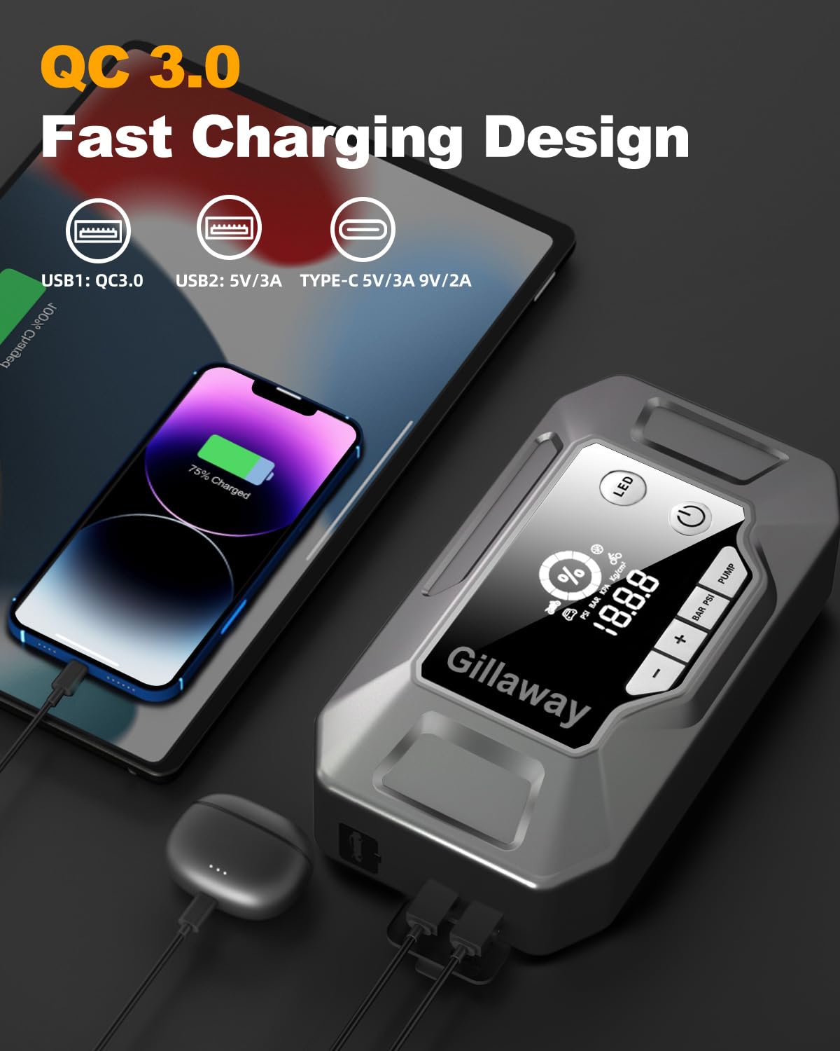 Q11 4500A Car Jump Starter With Air Compressor Combo 150Psi, Portable Car Battery Jump Starter Battery Pack (10L Gas/8.0L Diesel