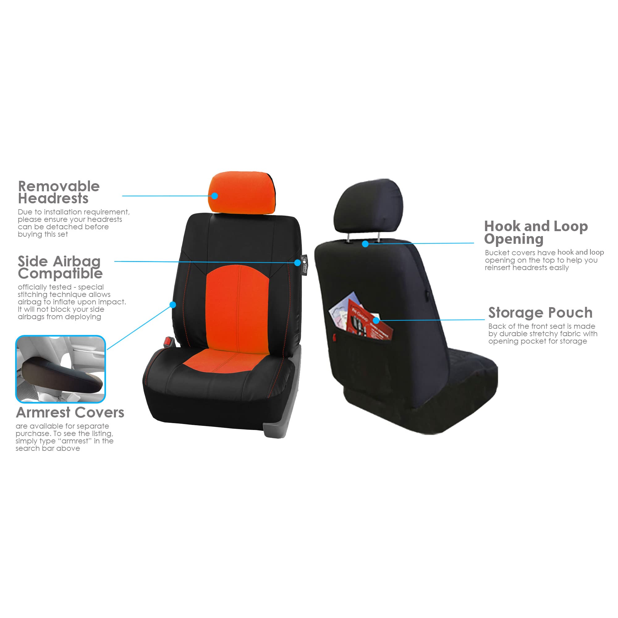 FH Group Automotive Seat Cover Highest Grade Faux Leather Orange Black Full Set, Combo Car Seat Cover Design Airbag Compatible S