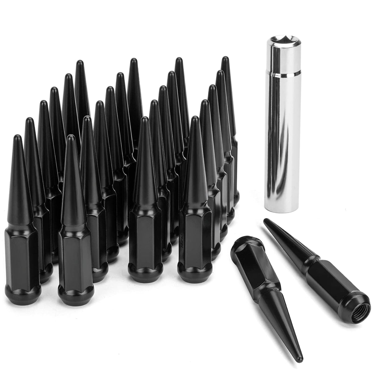 Dynofit 14 Mm X 1.5 Wheel Spike Lug Nuts, 24 X Black M14X1.5 Lug Nut, Cone/Conical Bulge Seat, Dynofit Closed End Nuts With 1 So