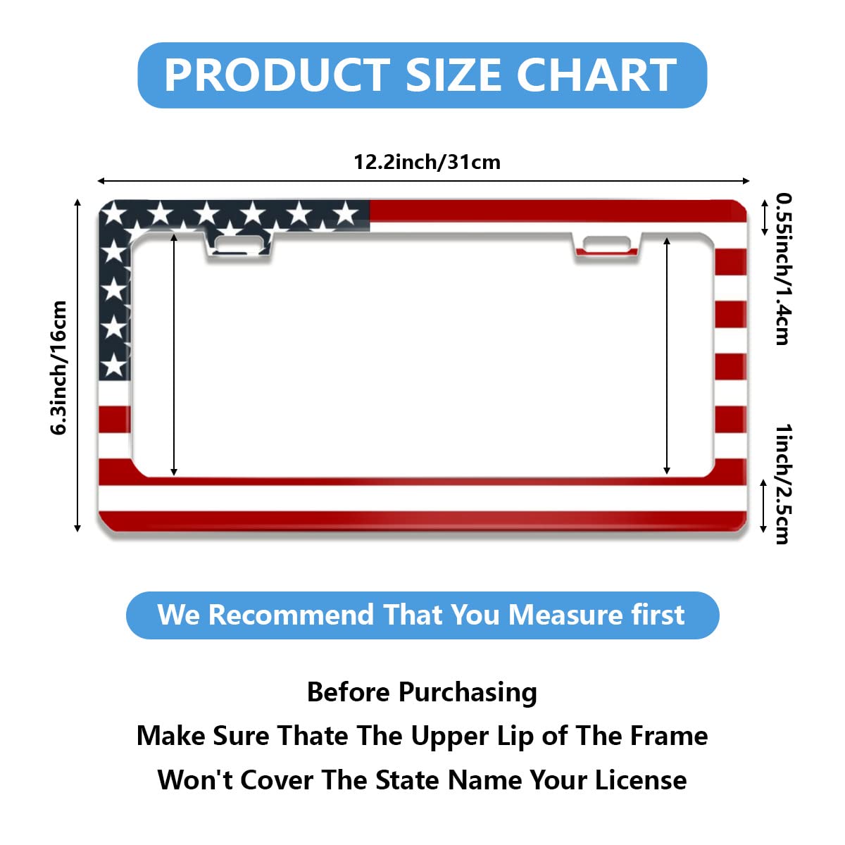 Patriotic American Flag License Plate Frame Stainless Steels Red White Blue Car Tag Holder Frames with 2 Holes and Screws 12 x 6