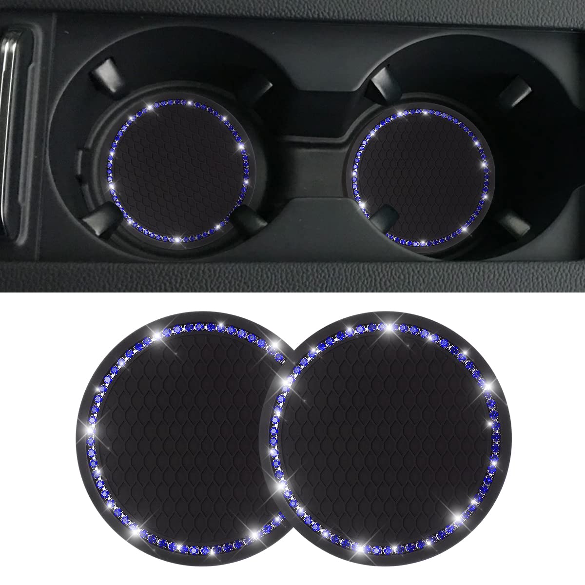 2 Pack Car Bling Cup Holder Coaster, 2.75 Inch Crystal Rhinestone Car Cup Holder Insert Coaster,Universal For Cars, Vehicles, Suvs, Car Interior Accessories For Women And Men (Black/Blue)