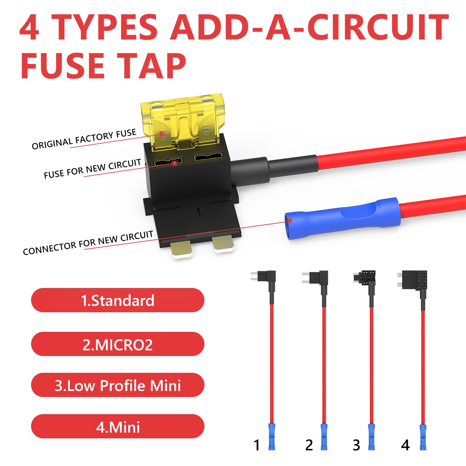 Newdeli 20 Pack 12V Fuse Tap Car Add-A-Circuit Adapter And Fuse Kit With Standard Mini Micro2 And Low Profile Fuse Taps 4 Types