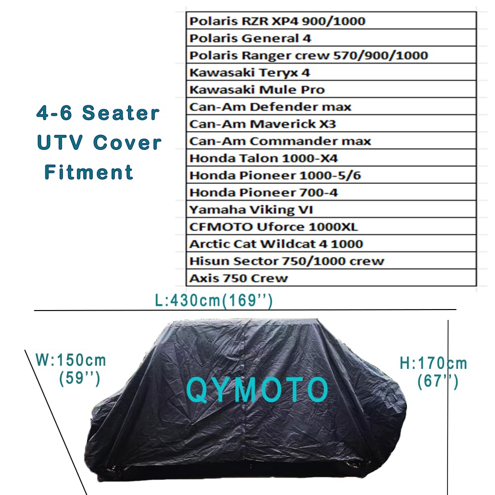 Qymoto Utv Cover 4-6 Seater,Waterproof Windproof Outdoor Storage Cover For Polaris Ranger Crew,General 4,Rzr 900/1000 4,Cfmoto Uforce 1000 Xl,Honda 4,Kawasaki Teryx 4,Can Am X3 Maverick Defender