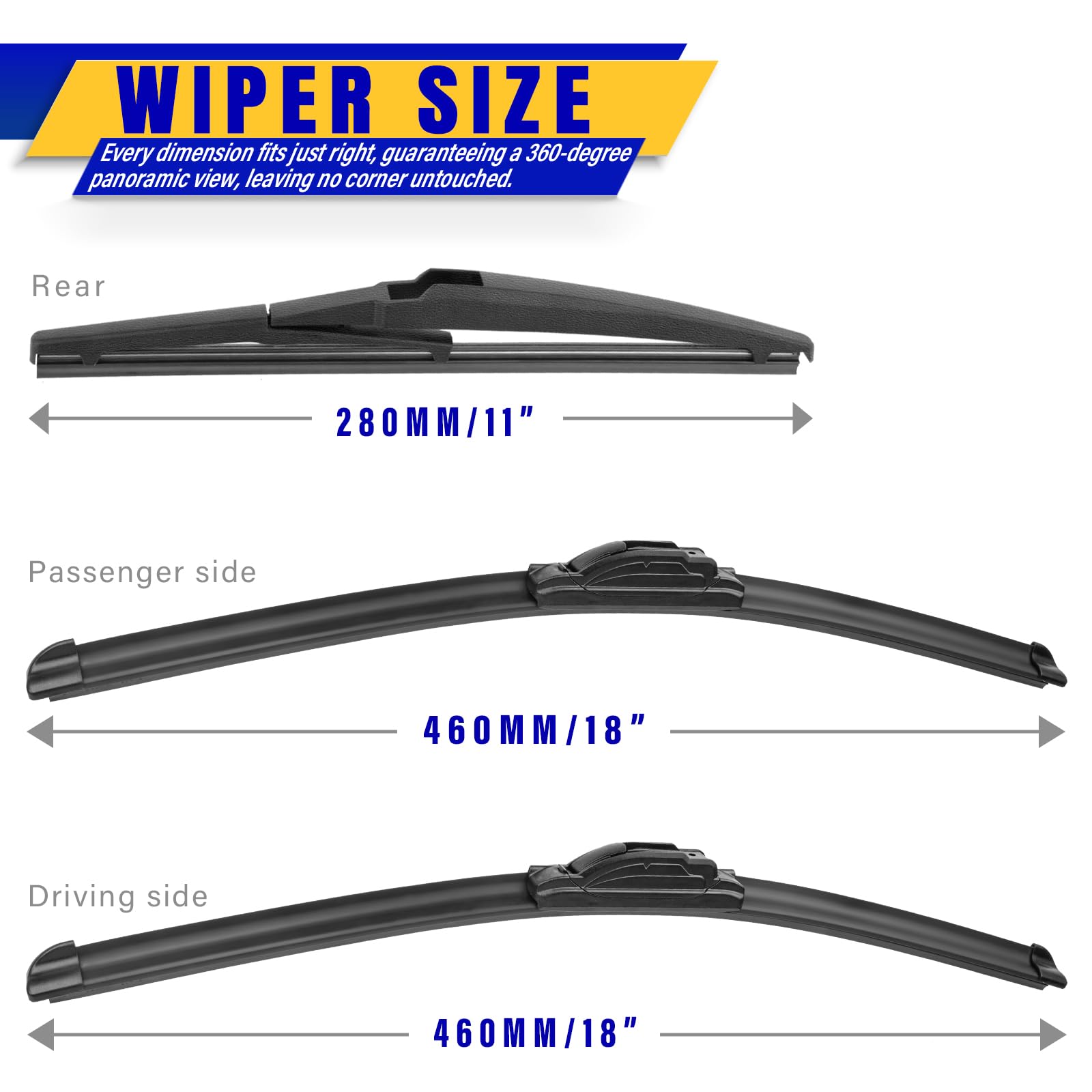 3 Wipers Replacement For 2006-2011 Chevy Chevrolet Hhr, Windshield Wiper Blades Original Equipment Replacement - 18/18/11 (Set Of 3) U/J Hook