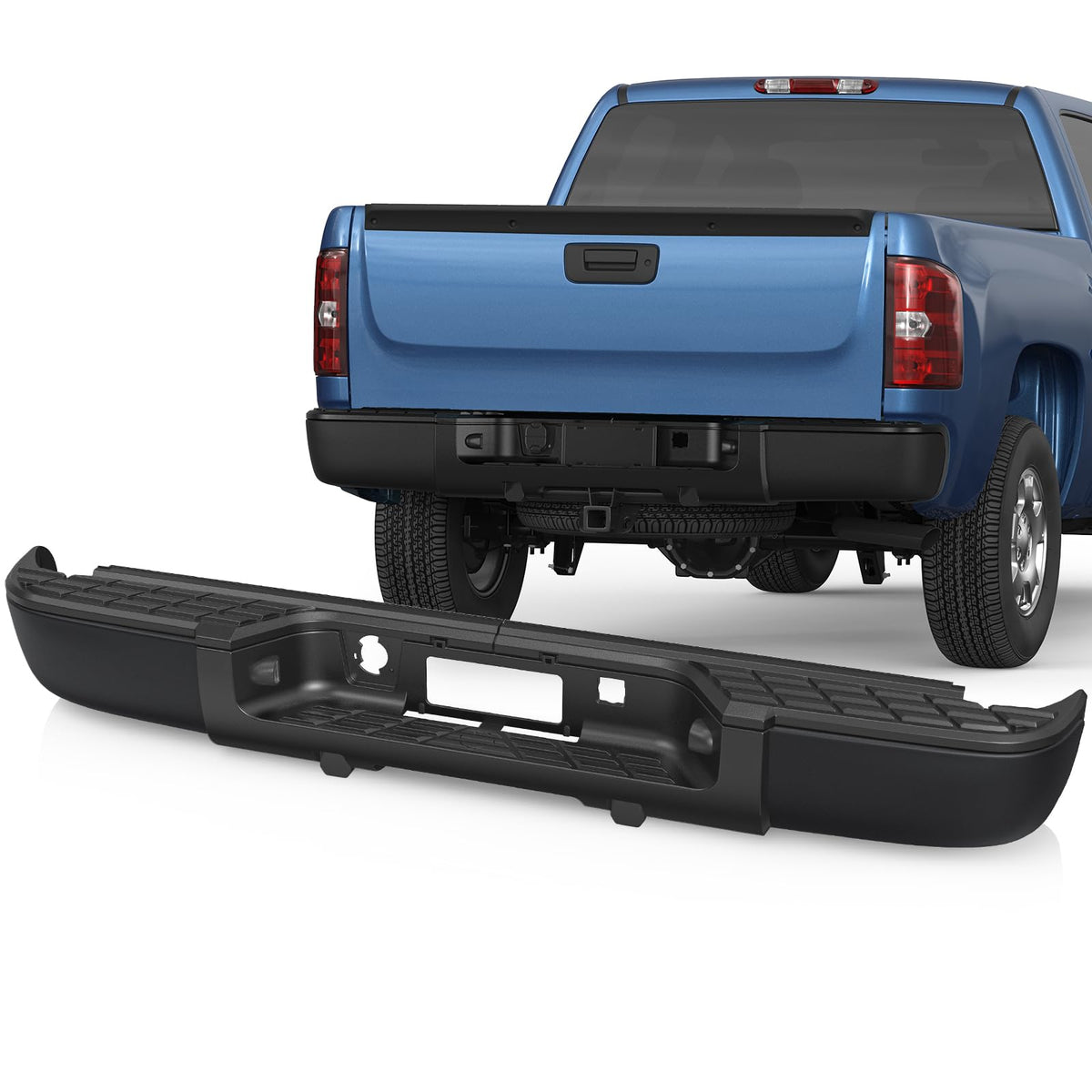 KUIPERAUTO Black Steel Rear Step Bumper Assembly Compatible for 2007-2013 Chevy Silverado 1500 / Sierra 1500 Pickup Complete Bac