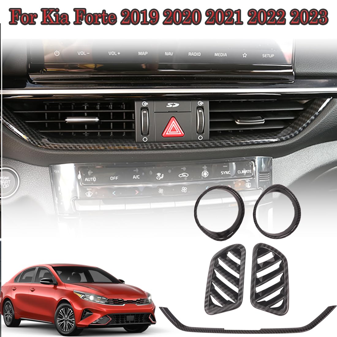 Muxee For Kia Forte 2019-2024 5Pcs Abs Carbon Fiber Center Contro Airconditioning Vent Frame Dashboard Upper Wind Outlet Cover Trims Stickers Dashboard Left Right Air Vent Outlet Trim