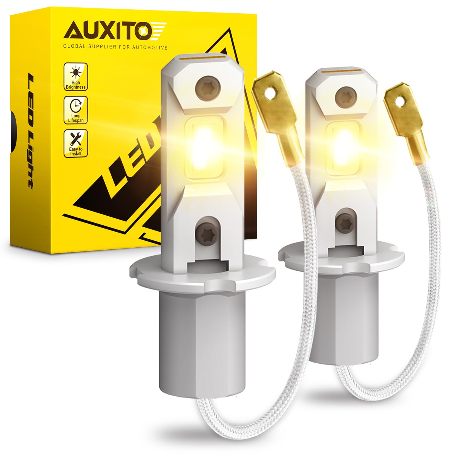 Auxito H3 Led Fog Light Bulbs 3000K Yellow, Super Penetration, 1:1 Mini Size, Plug N Play, H3Ll Led Bulb Light For Fog Lamp, Drl