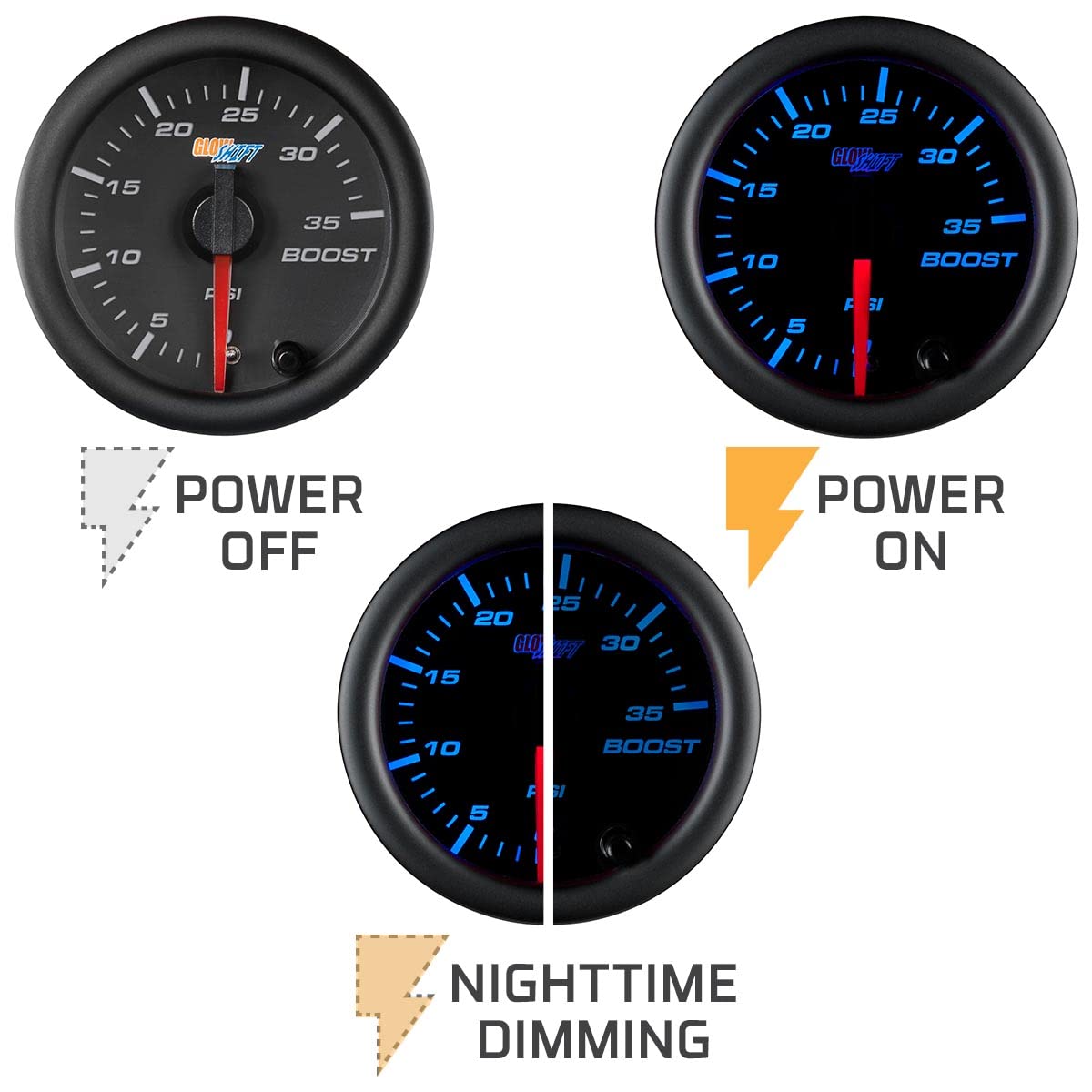Glowshift Black 7 Color 35 Psi Turbo Boost Gauge Kit - Includes Mechanical Hose & Fittings - Black Dial - Clear Lens - For Car &