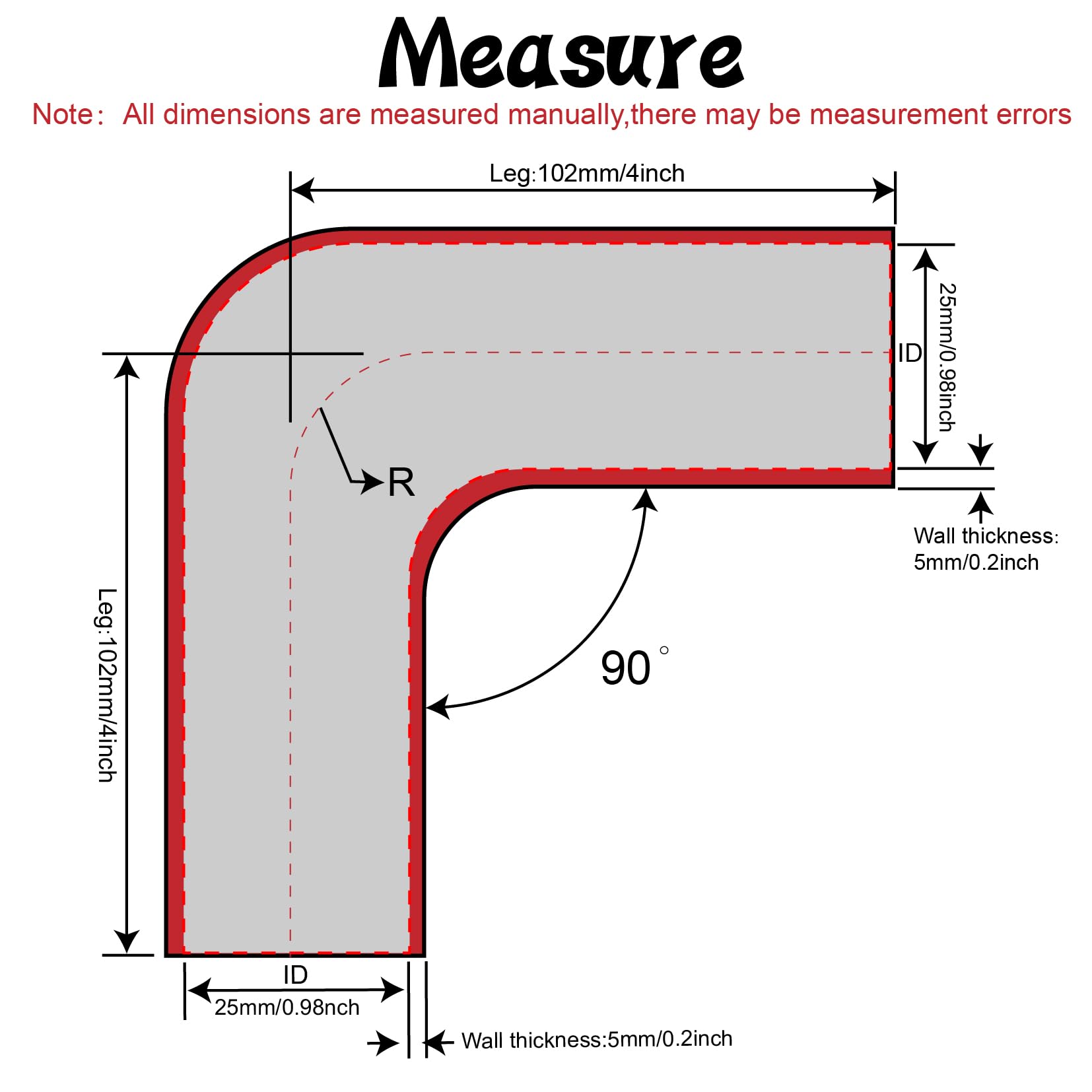 TuoLauthon 90 Degree ID 1inch(25mm) Black Silicone Reducer Coupler Hose,4-Ply Reinforced,Leg Length 4inch(102mm) with 2PCS clamp