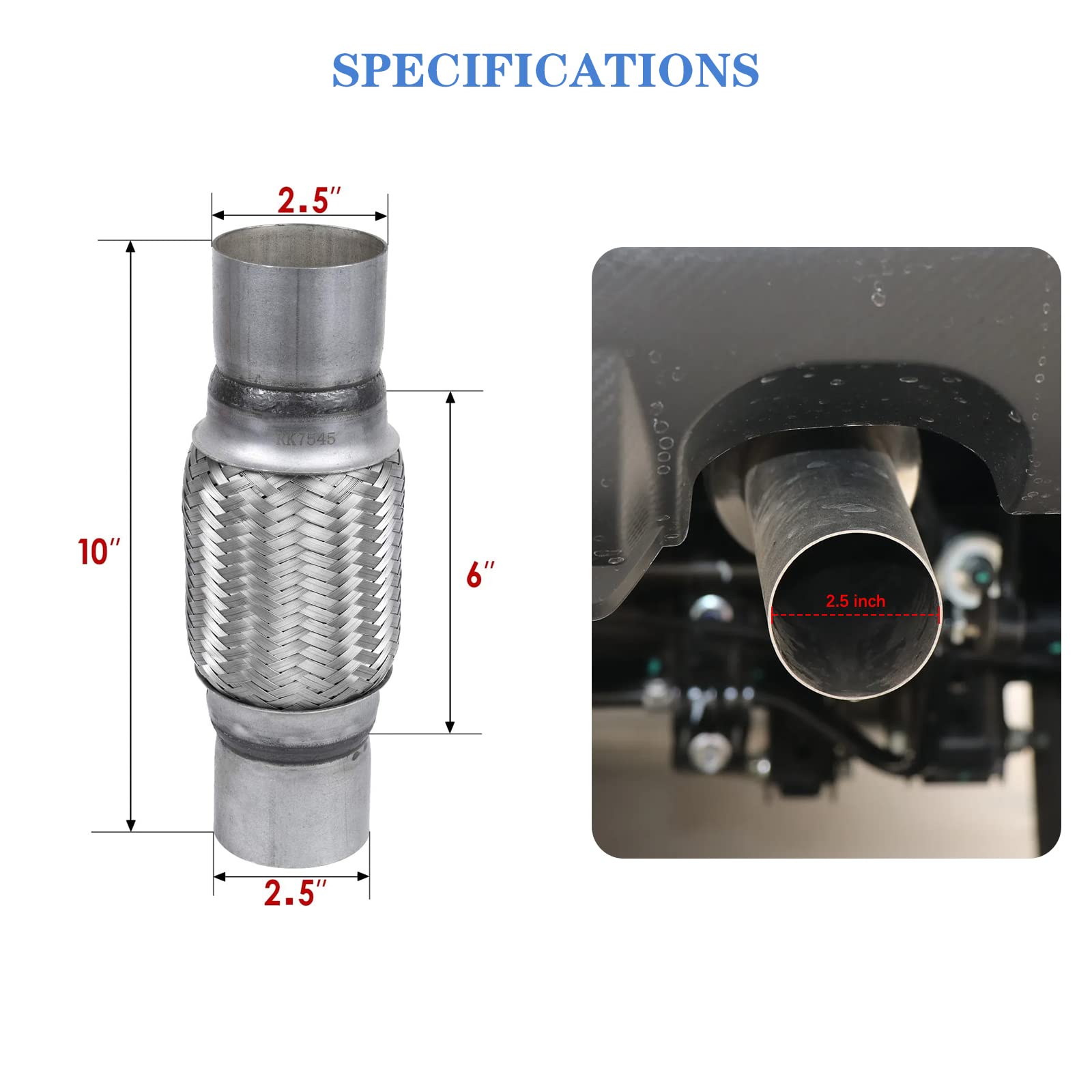 Rp Remarkable Power, 2 Pack 2.5 Inch Inlet Exhaust Flex Pipe,2.5 Id X 10 Length Flexible Tube,Stainless Steel Double Braid Heavy