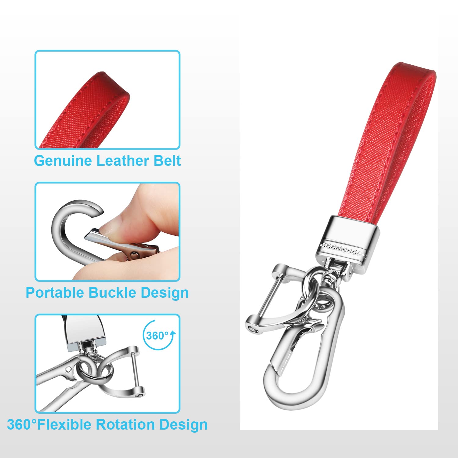 Qbuc Genuine Leather Car Keychain,Universal Heavy Duty Metal Key Chain Accessories,Car Fob Key Keychain Holder With 360 Degree Rotatable Snap Swivel And Anti-Lost D-Ring For Men Women（Red）