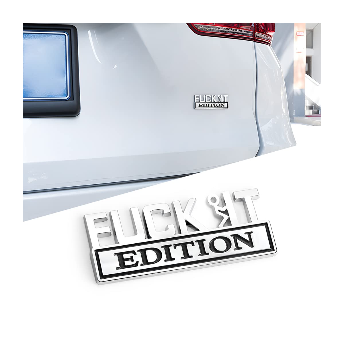 Car Fuck It Edition Emblem, 3D Zinc Alloy Badge Sticker Decal, Car Side Rear Front Hood Trunk Door Fender Bumper Metal Sticker, Vehicle Exterior Replacement Accessories For Cars Suv (Silver/Black)