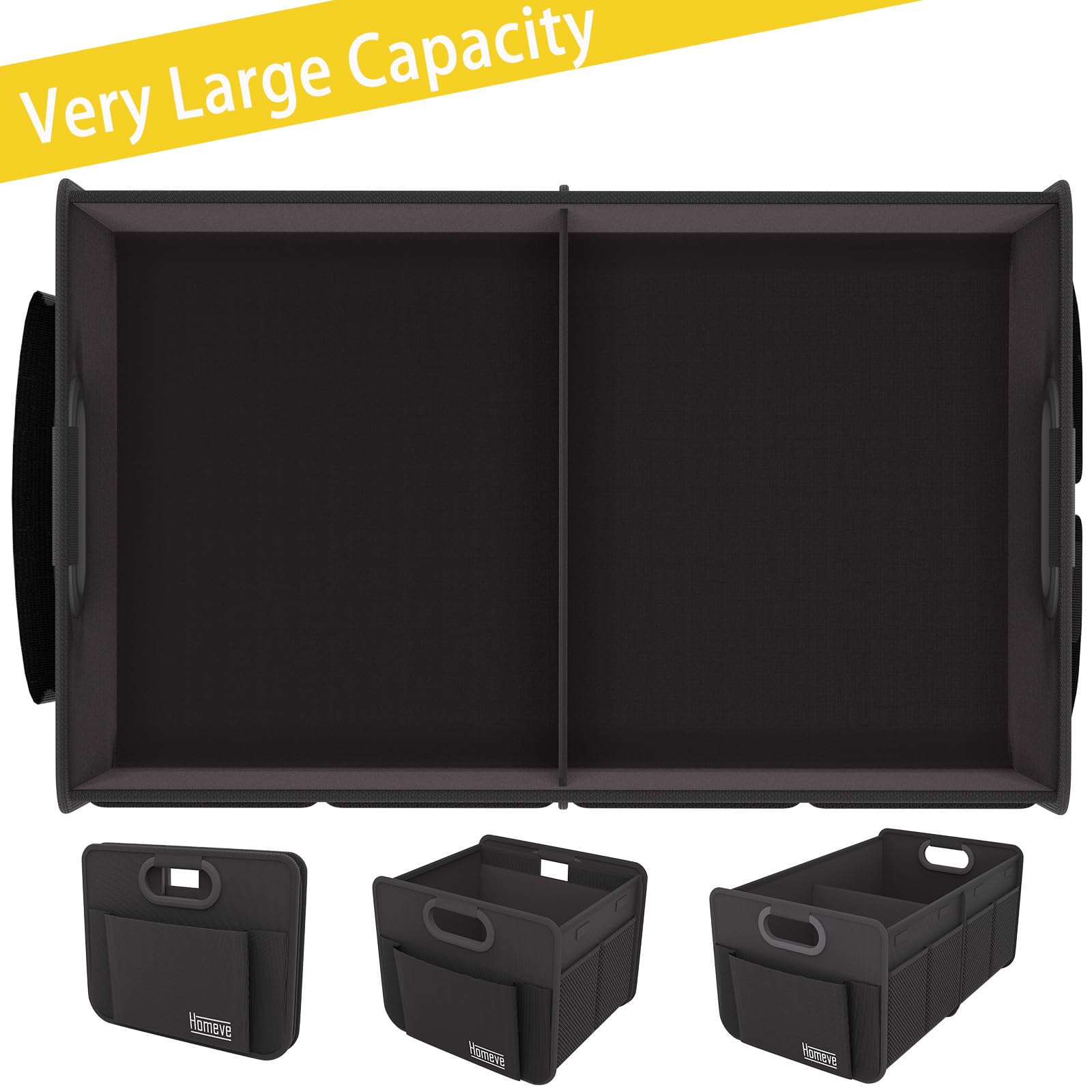 Homeve Car Trunk Organizer, Collapsible Multi-Compartment Car Organizer, Black, 2 Compart-Small