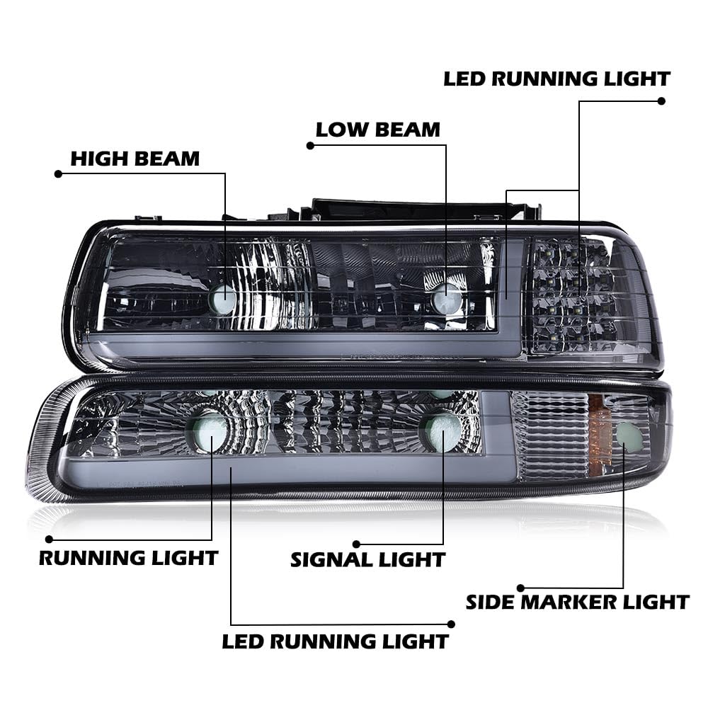 Pit66 Led Drl Headlight Assembly Compatible With 1999-2002 Chevy Silverado / 2000-2006 Tahoe Suburban Headlamp W/Bumper Lights S