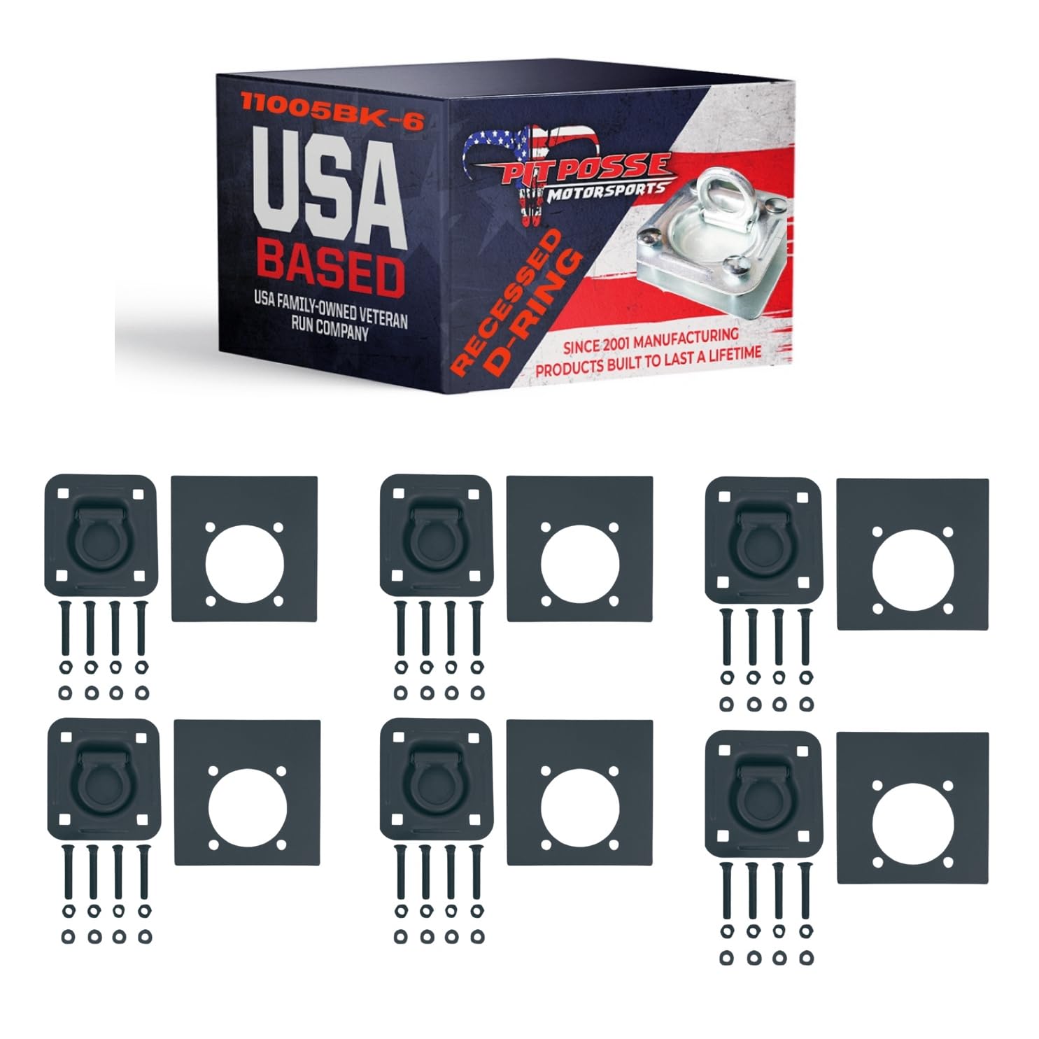 Pit Posse 11005BK-6 Cargo Trailer Recessed Pan D Ring Floor Rope Anchor Tie Down 6,000 lbs Breaking Strength - Flush Mount - Inc