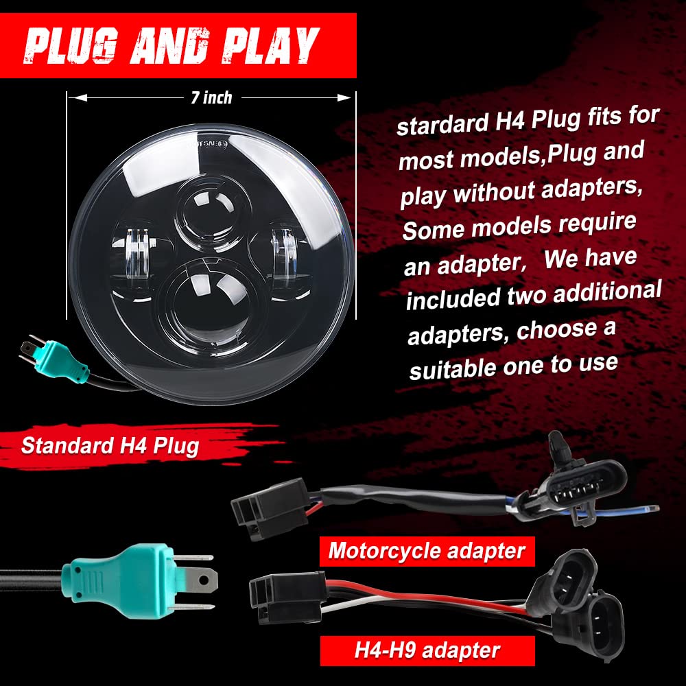 Tugwuetlwu 7'' Led Headlight 4.5'' Auxiliary Fog Lights Kit Compatible With Harley Davidson Road King Electra Glide Heritage Sof