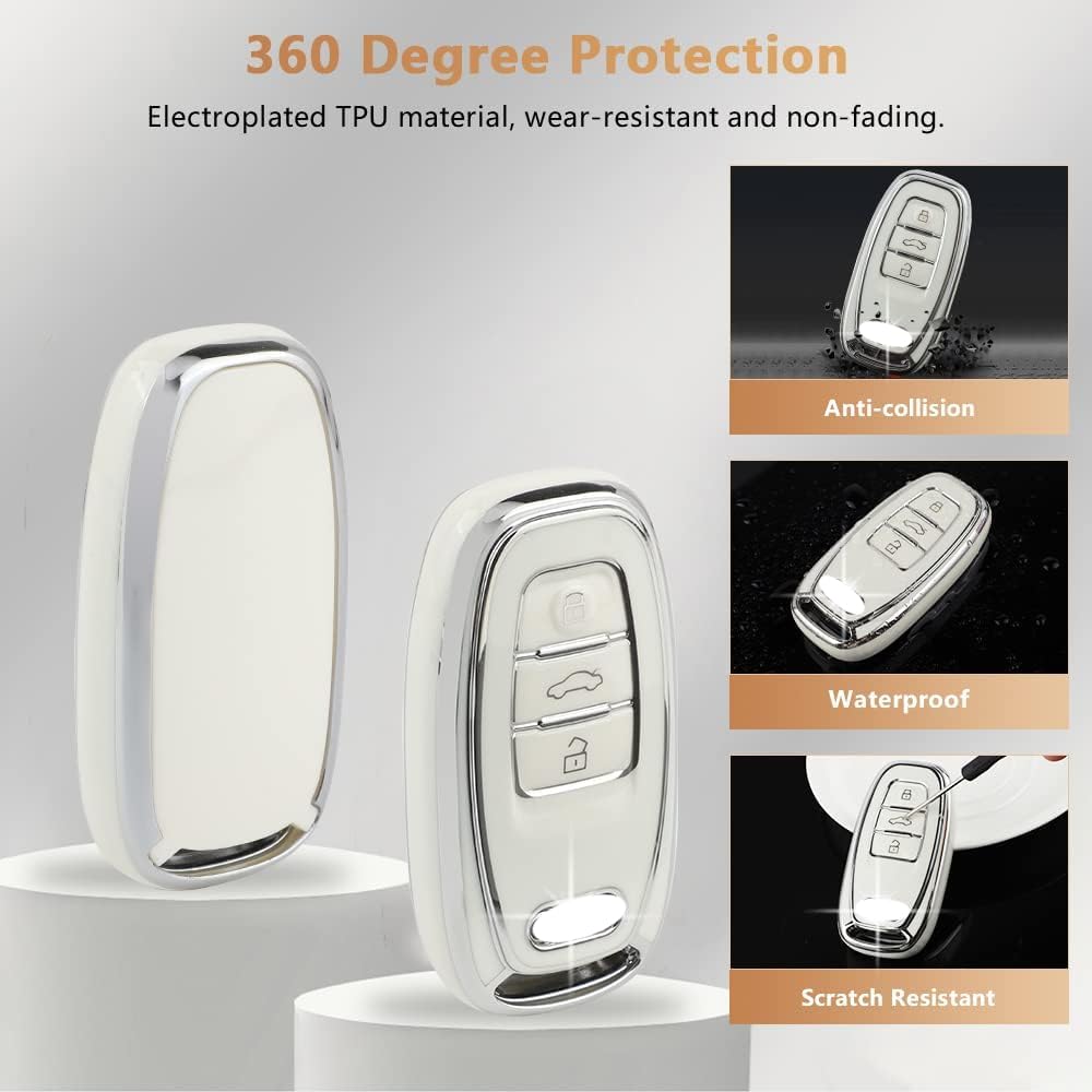 Pifoog Key Fob Cover For Audi 4 Buttons Tpu Soft Keys Case Shell Bling Keychain Car Accessories For Audi Q5 A4 A5 A6 A7 A8 Rs5 Rs7 S4 S5 S6 S7 Sq5 Girly Women White Silver