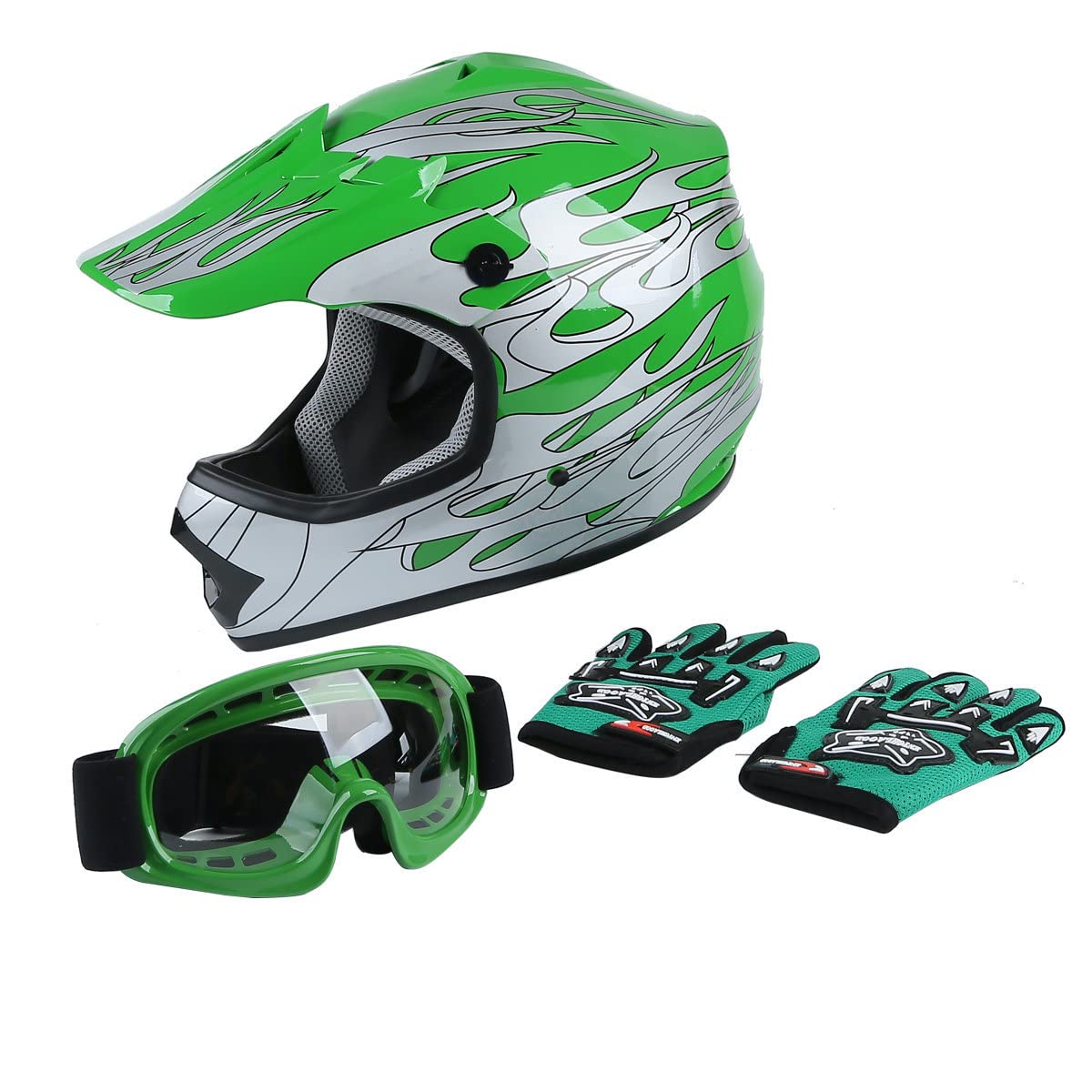Xfmt Dot Youth Kids Motocross Offroad Street Dirt Bike Helmet Youth Motorcycle Atv Helmet With Goggles Gloves Green Flame S