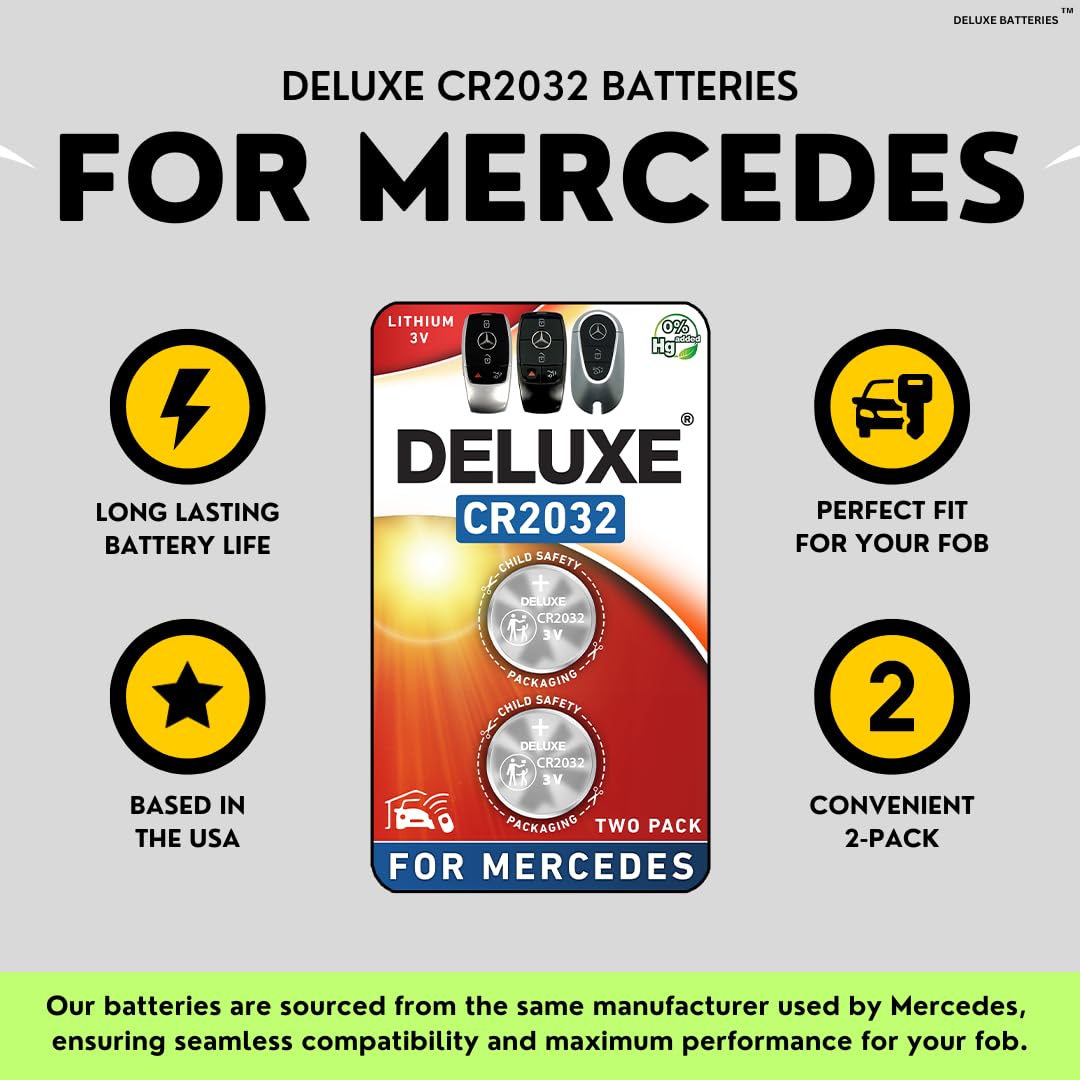 Deluxe Batteries Key Fob Replacement Batteries CR2032 for Mercedes-Benz (Pack of 2) - Silver, Deluxe Model, Compatible with Multiple Models