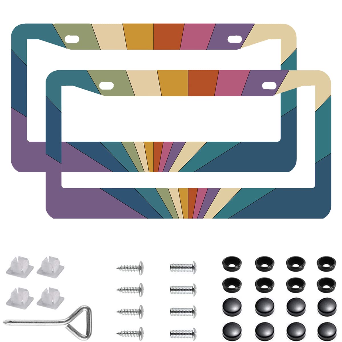 2-Pack Stainless Steel Sun Rays License Plate Frames With Screw Caps And Screwdriver Set - 2-Hole Installation